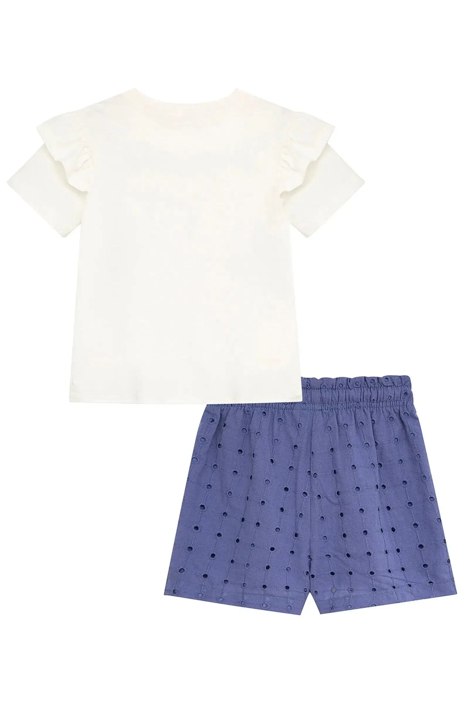 Conjunto de Blusa em Meia Malha e Shorts em Laise Bordada 93671 Kukiê Infantil Menina