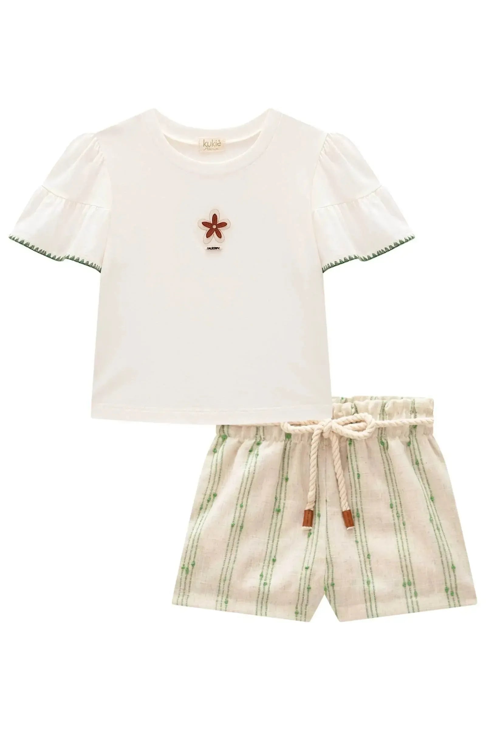 Conjunto de Blusa em Meia Malha e Shorts em Linho Bordado Listras 98273 Kukiê Infantil Menina
