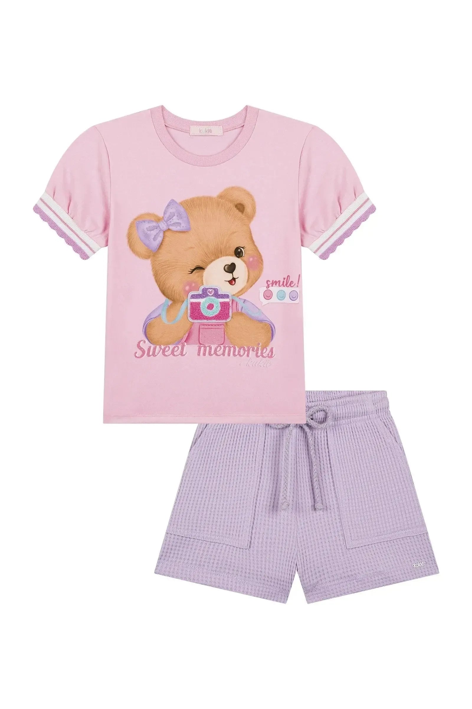 Conjunto de Blusa em Meia Malha e Shorts em Malha Big Waffle 87306 Kukiê Infantil Menina