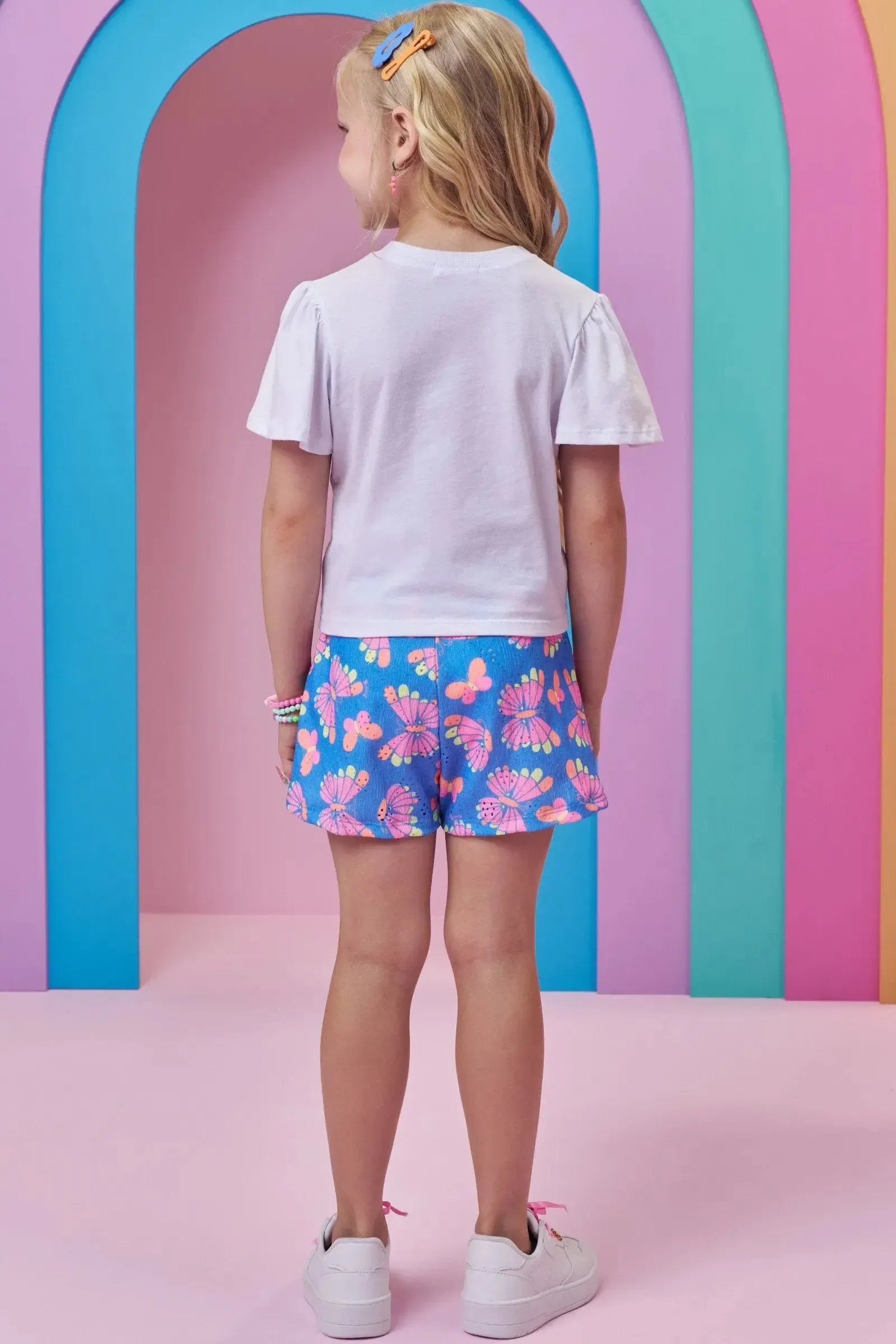 Conjunto de Blusa em Meia Malha e Shorts em Malha Laise 99610 Kukiê Infantil Menina