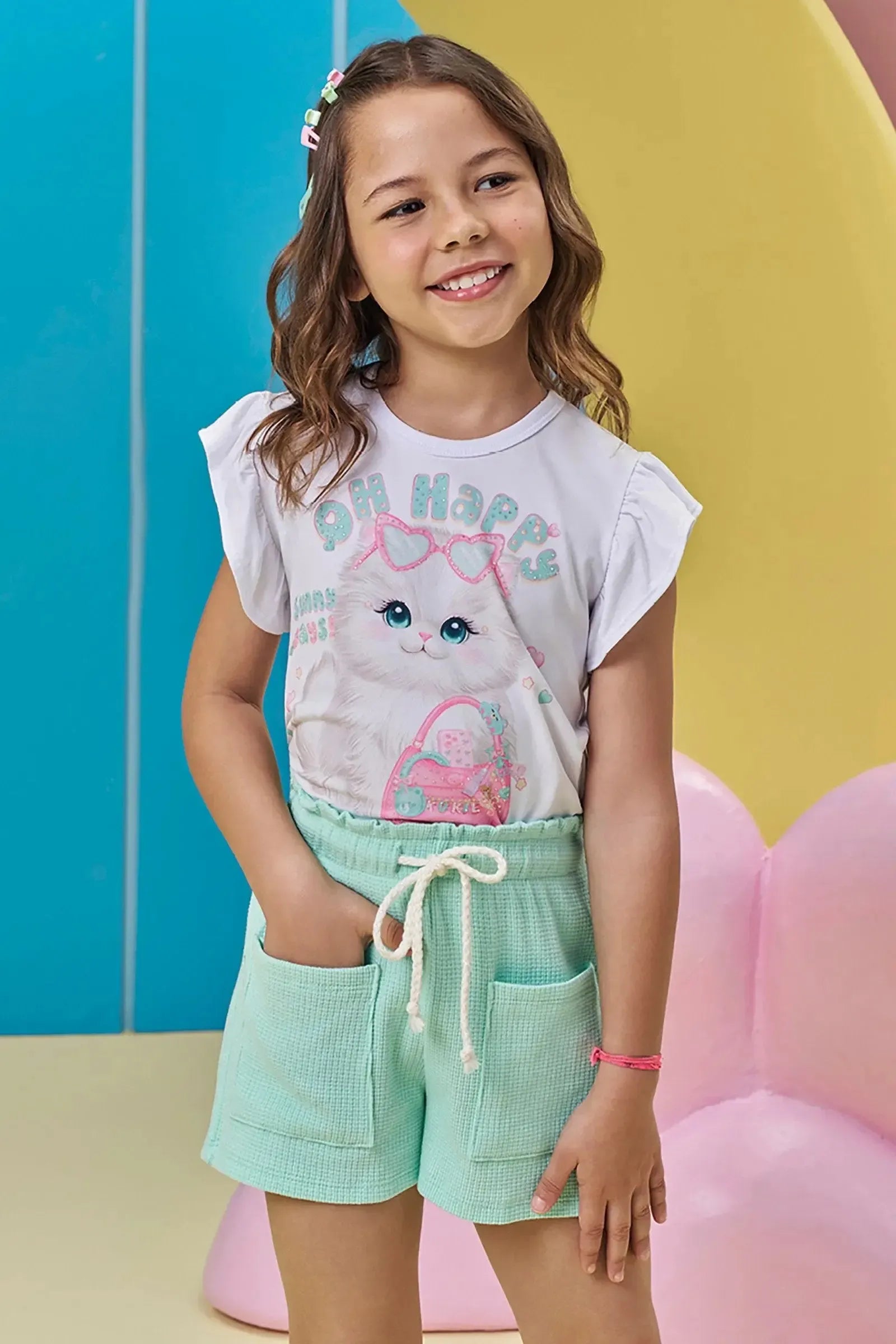 Conjunto de Blusa em Meia Malha e Shorts em Malha Waffle 95971 Kukiê Infantil Menina