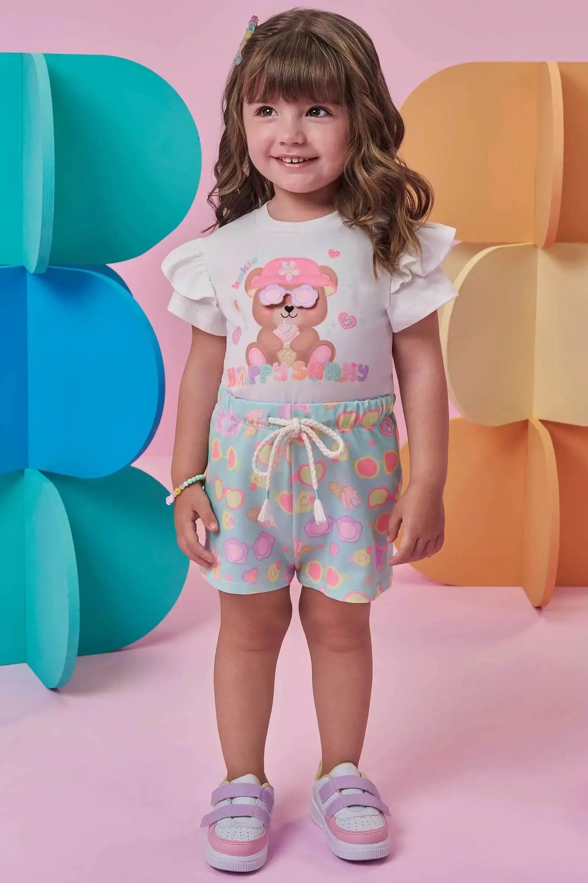 Conjunto de Blusa em Meia Malha e Shorts em Molecotton 98910 Kukiê Infantil Menina