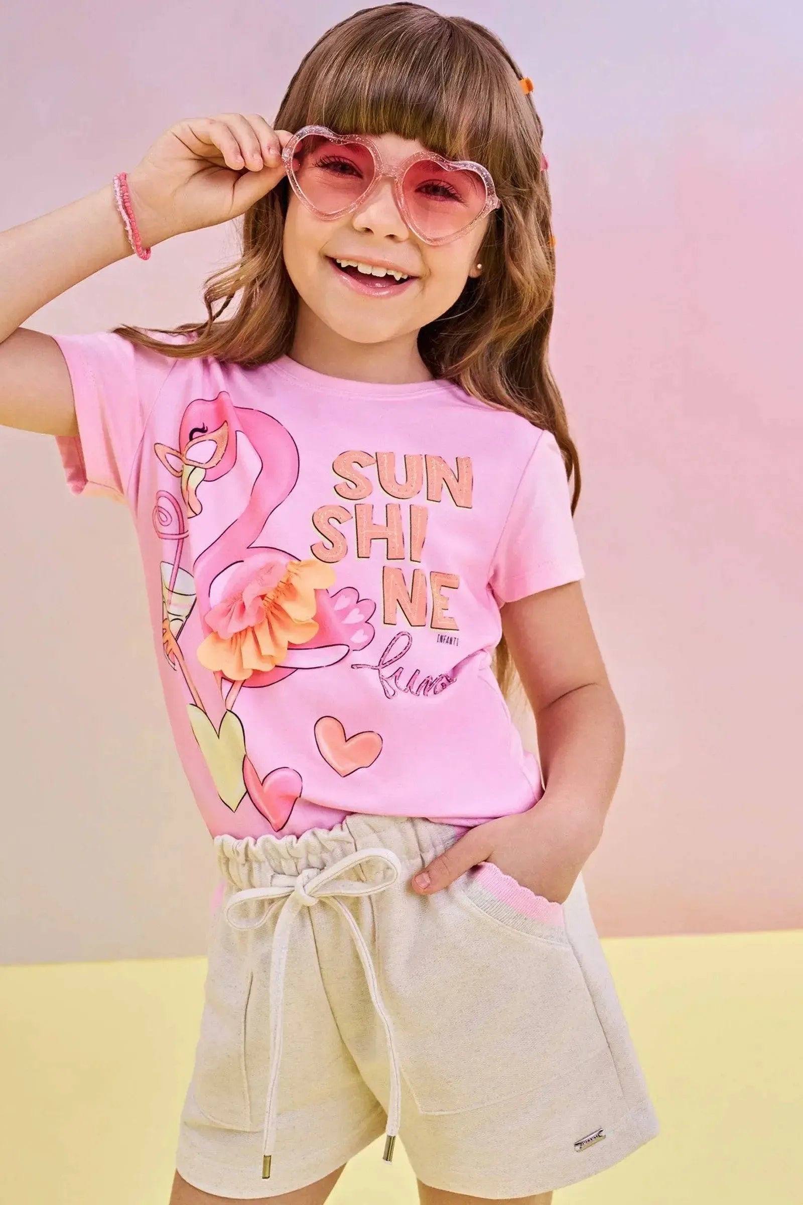 Conjunto de Blusa em Meia Malha e Shorts em Moletom sem Pelúcia 83455 Infanti Infantil Menina