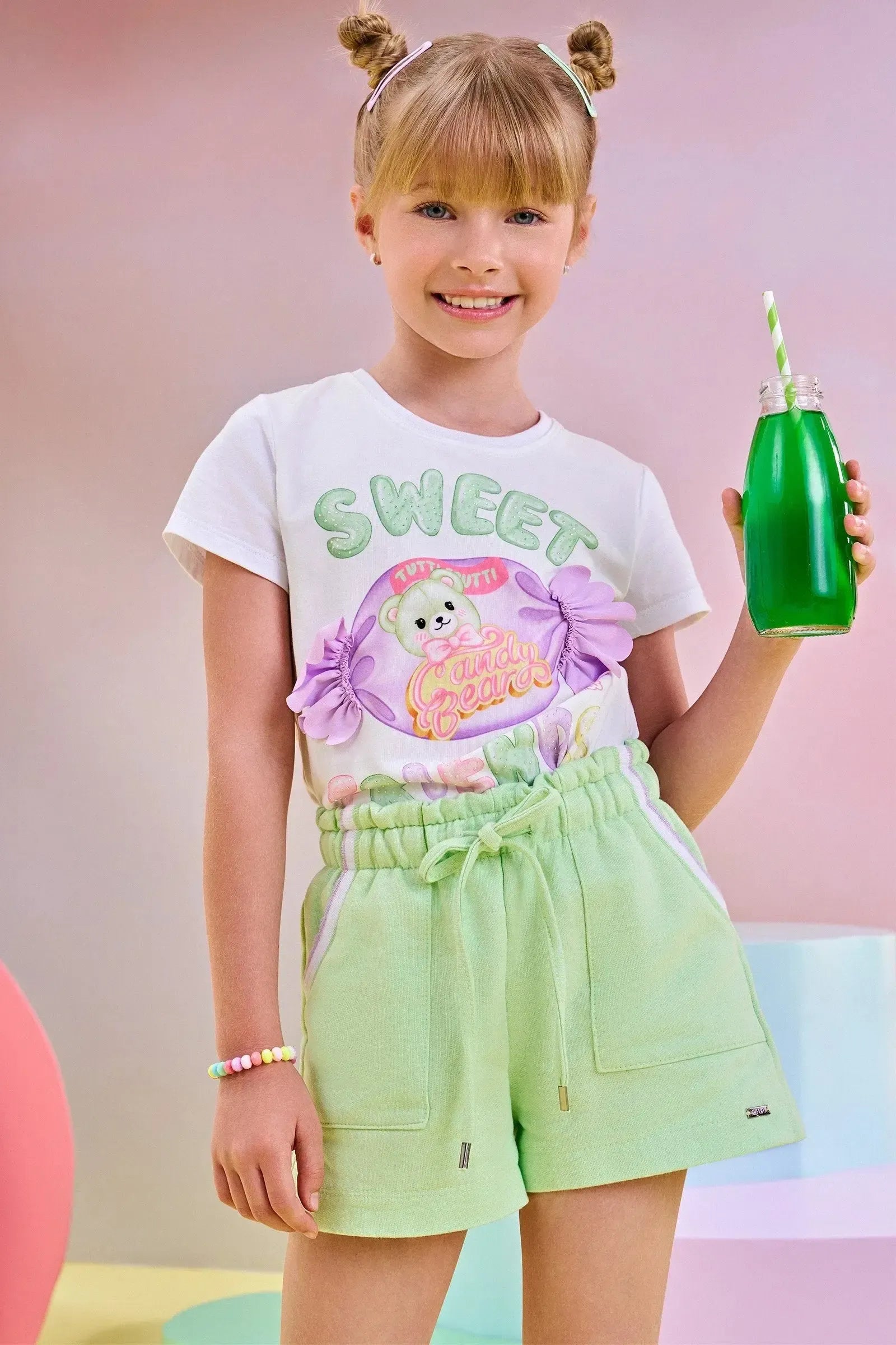 Conjunto de Blusa em Meia Malha e Shorts em Moletom sem Pelúcia 83455 Infanti Infantil Menina