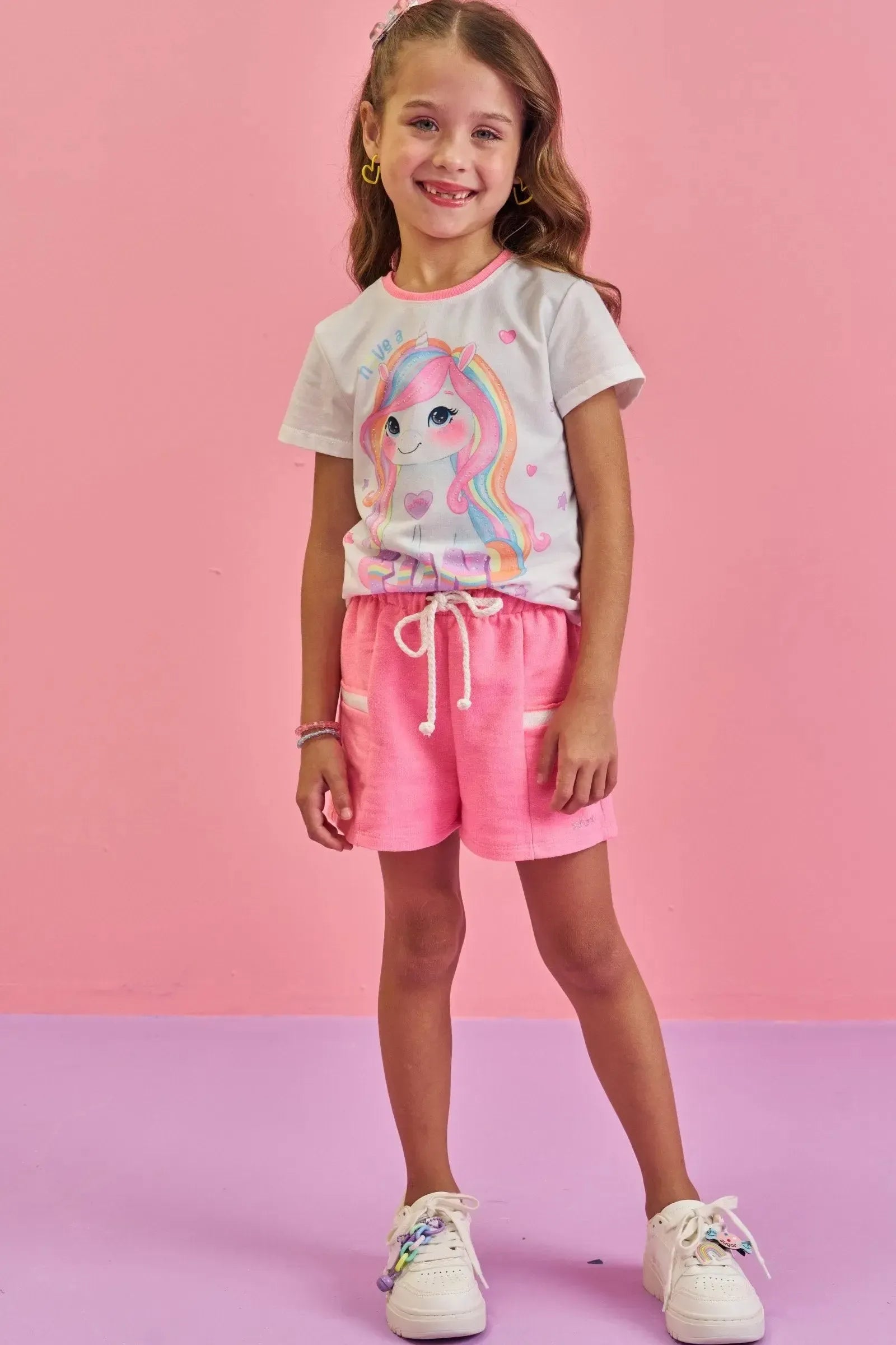 Conjunto de Blusa em Meia Malha e Shorts em Moletom sem Pelúcia 86641 Infanti Infantil Menina