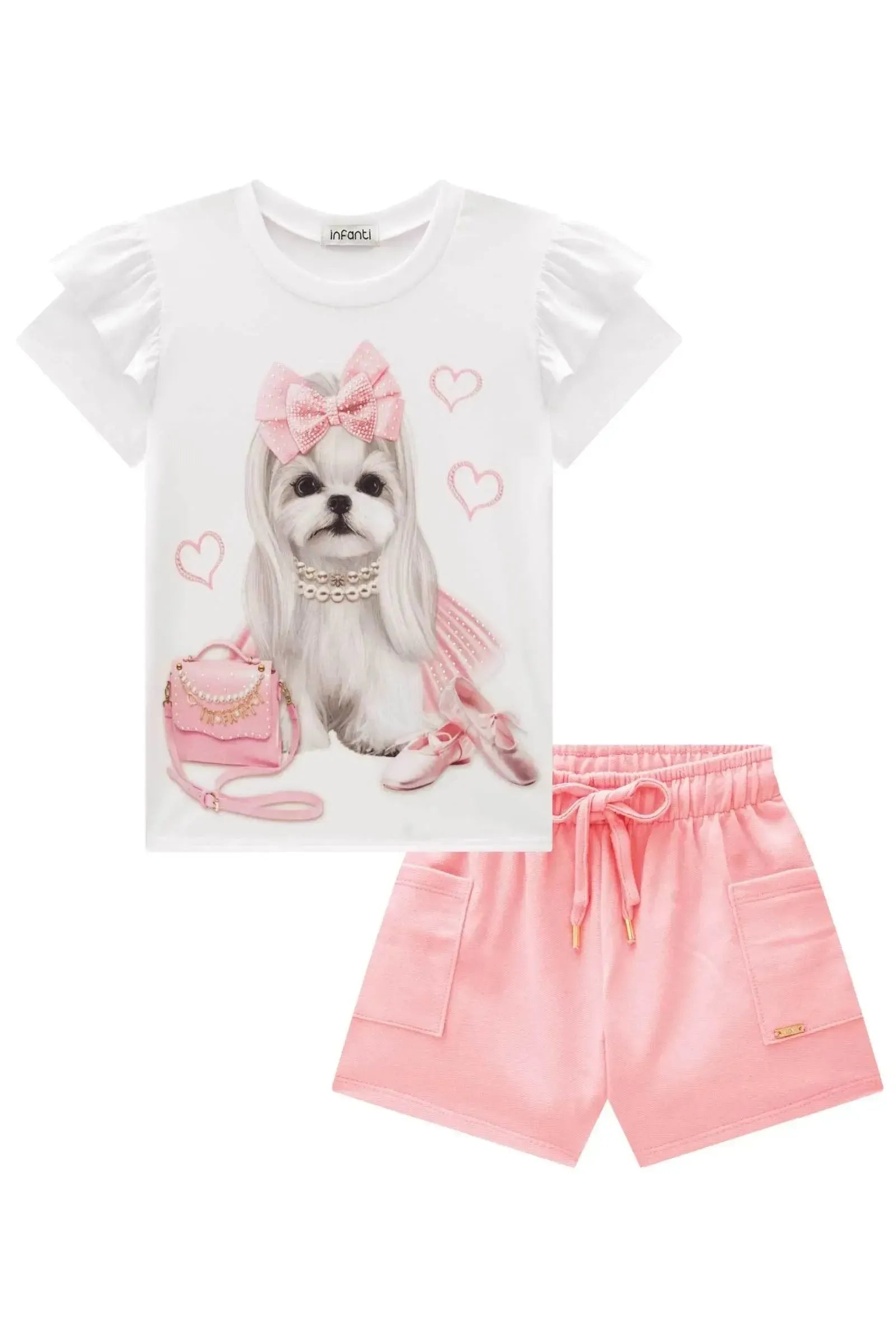 Conjunto de Blusa em Meia Malha e Shorts em Moletom sem Pelúcia 87769 Infanti Infantil Menina