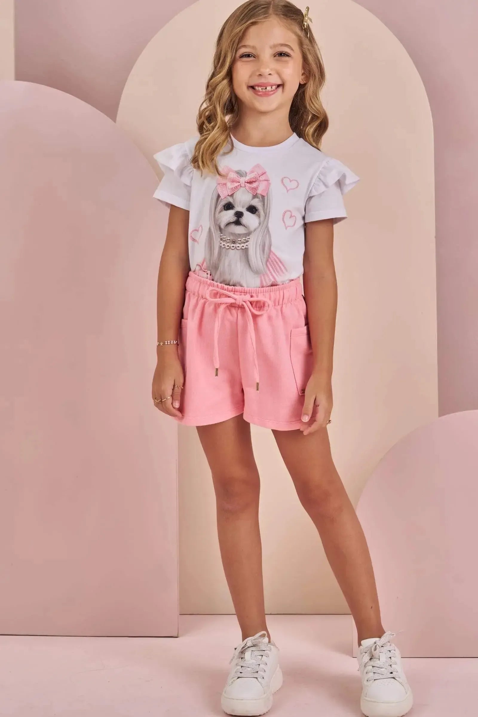 Conjunto de Blusa em Meia Malha e Shorts em Moletom sem Pelúcia 87769 Infanti Infantil Menina