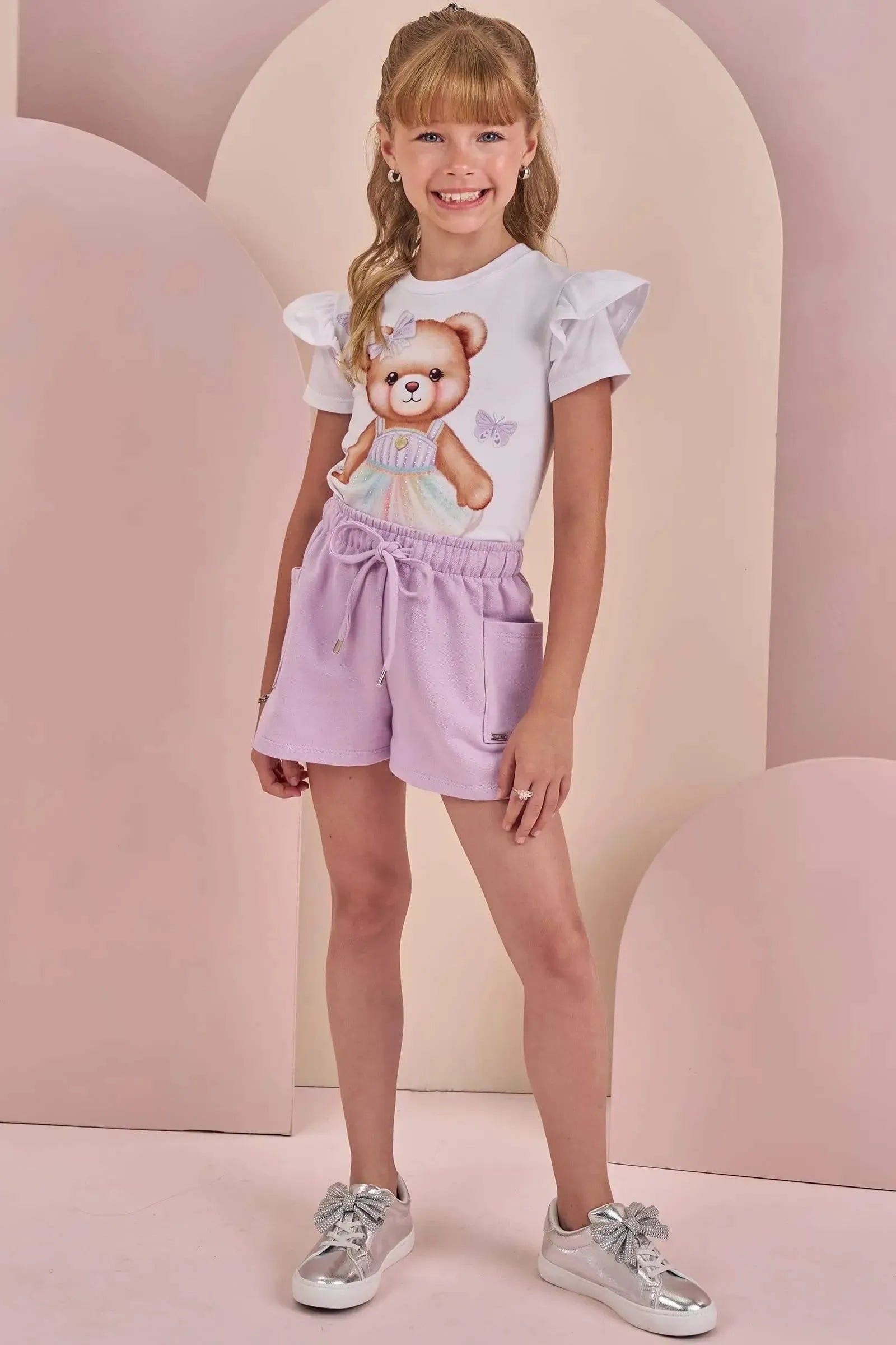 Conjunto de Blusa em Meia Malha e Shorts em Moletom sem Pelúcia 88592 Infanti Infantil Menina