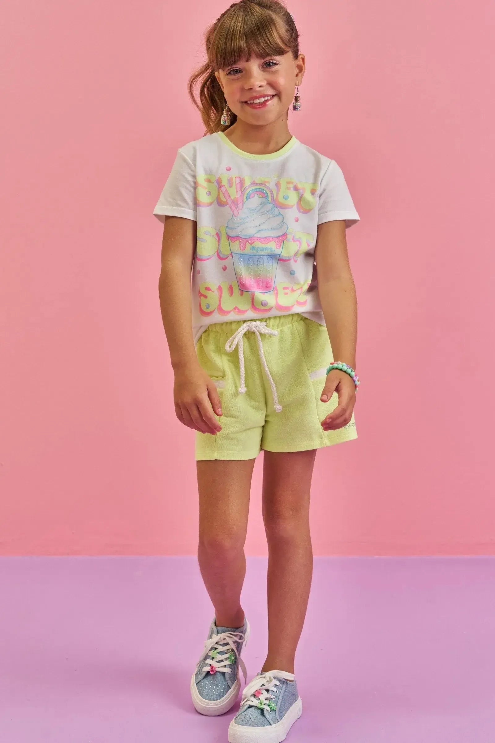 Conjunto de Blusa em Meia Malha e Shorts em Moletom sem Pelúcia 88809 Infanti Infantil Menina