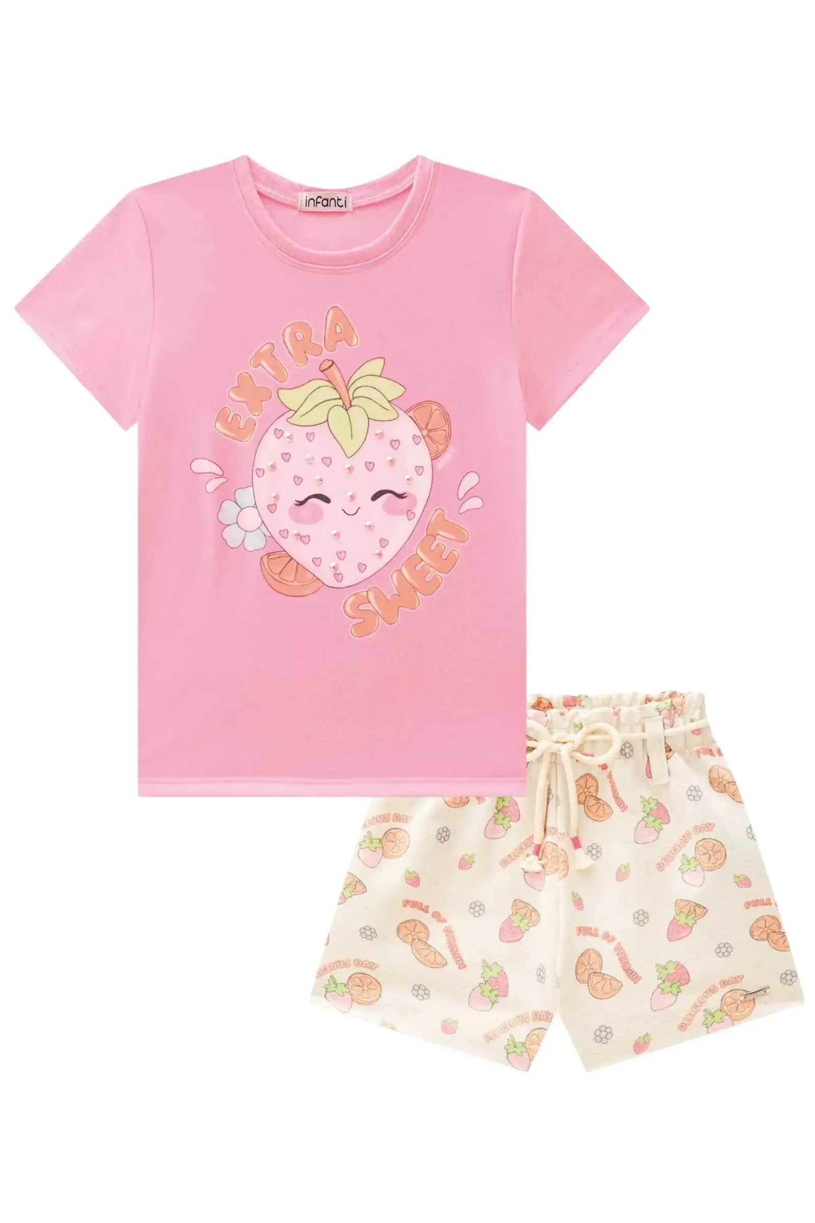 Conjunto de Blusa em Meia Malha e Shorts em Moletom sem Pelúcia 88866 Infanti Infantil Menina