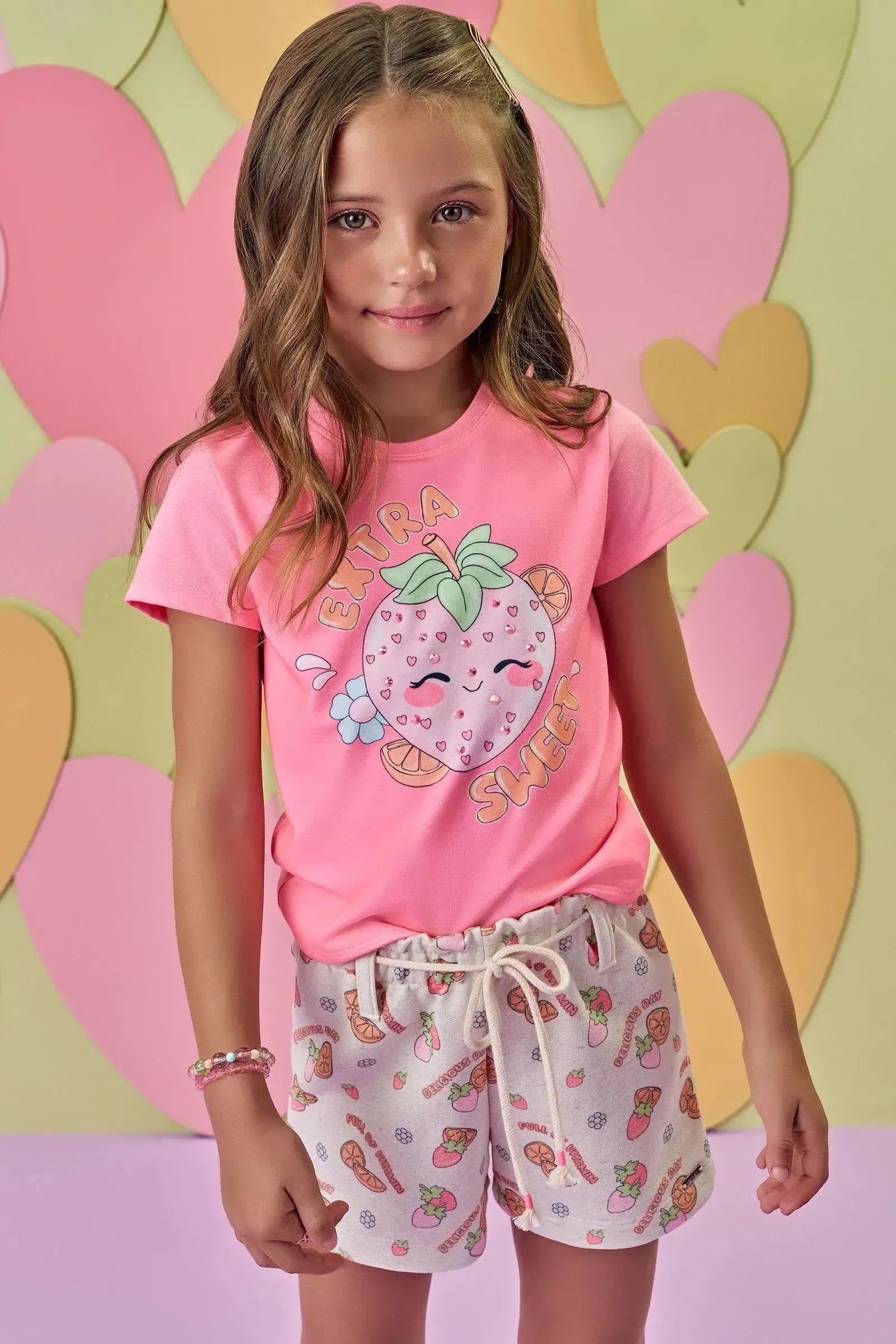 Conjunto de Blusa em Meia Malha e Shorts em Moletom sem Pelúcia 88866 Infanti Infantil Menina