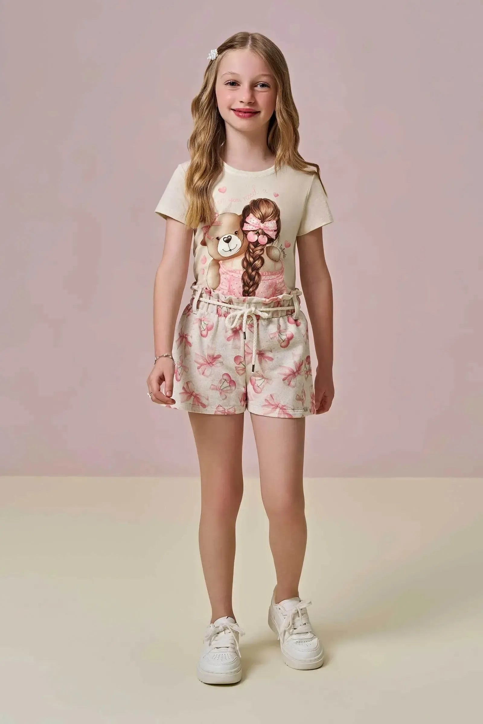 Conjunto de Blusa em Meia Malha e Shorts em Moletom sem Pelúcia 93393 Infanti Infantil Menina