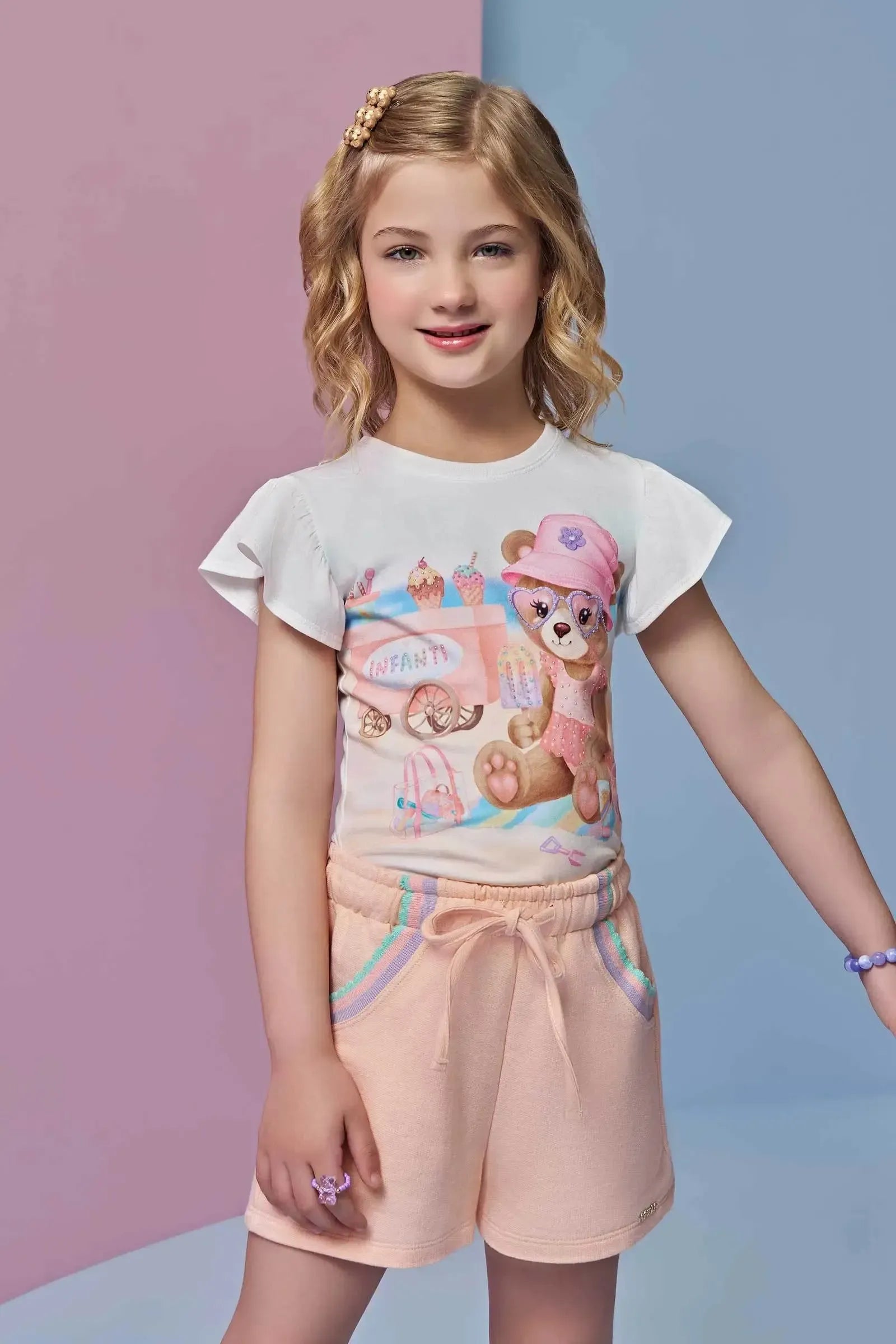 Conjunto de Blusa em Meia Malha e Shorts em Moletom sem Pelúcia 95412 Infanti Infantil Menina