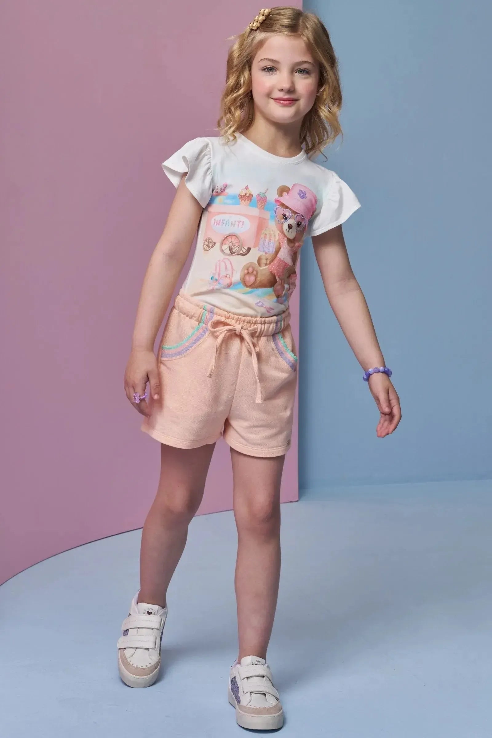 Conjunto de Blusa em Meia Malha e Shorts em Moletom sem Pelúcia 95412 Infanti Infantil Menina