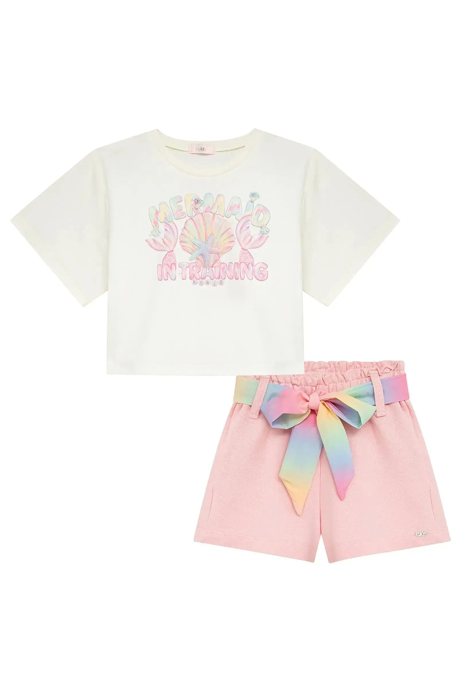 Conjunto de Blusa em Meia Malha e Shorts em Moletom sem Pelúcia 96576 Kukiê Infantil Menina