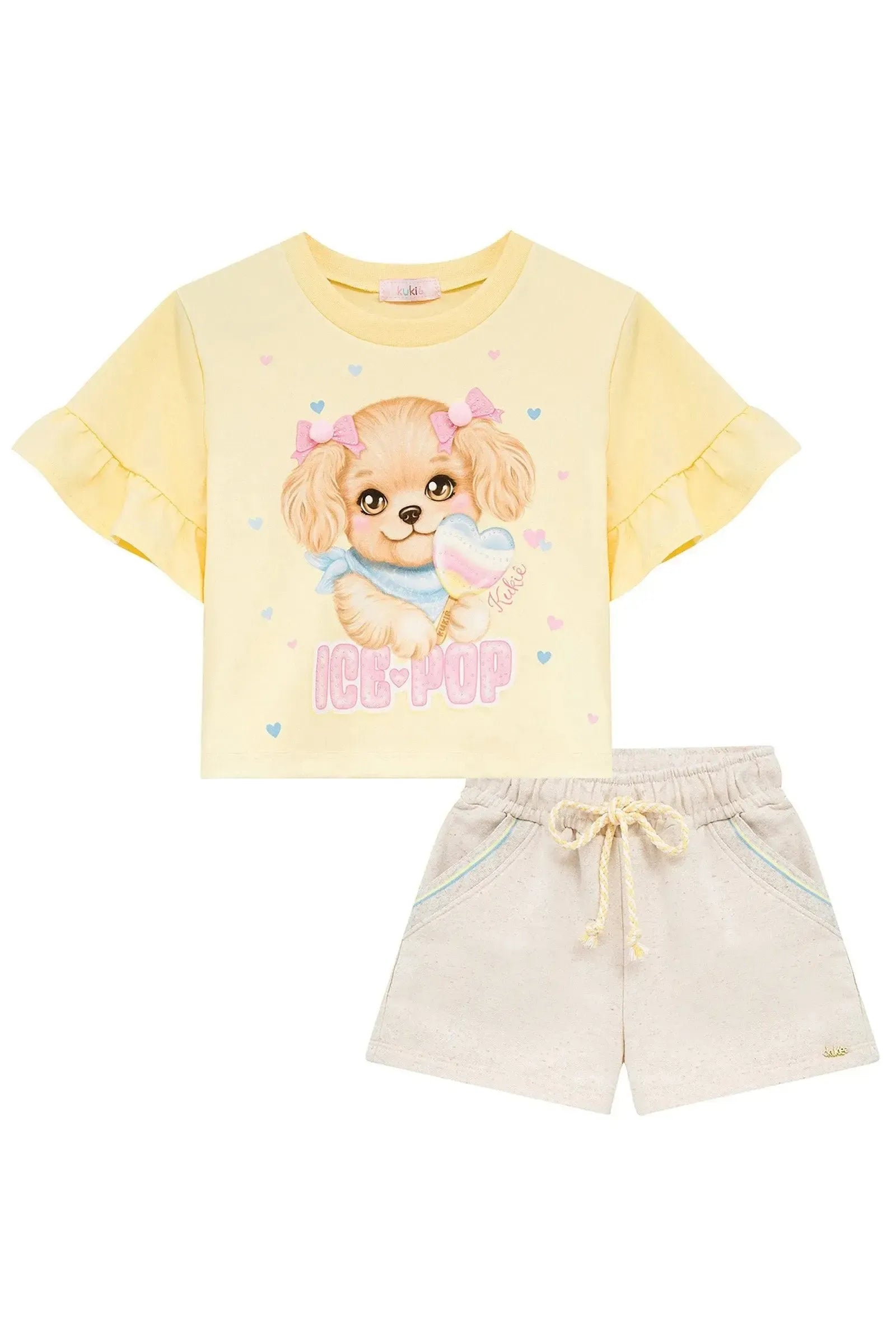 Conjunto de Blusa em Meia Malha e Shorts em Moletom sem Pelúcia 96599 Kukiê Infantil Menina
