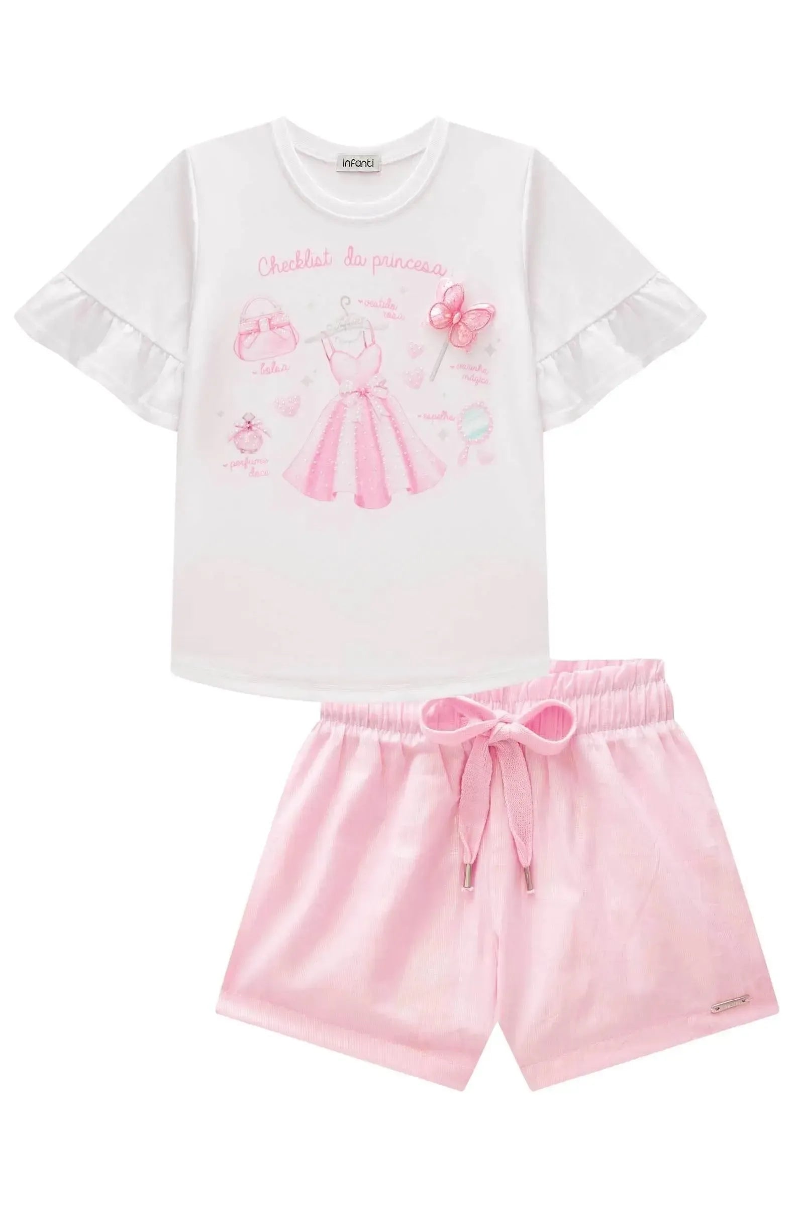 Conjunto de Blusa em Meia Malha e Shorts em Tecido Brilho Holográfico 87414 Infanti Infantil Menina