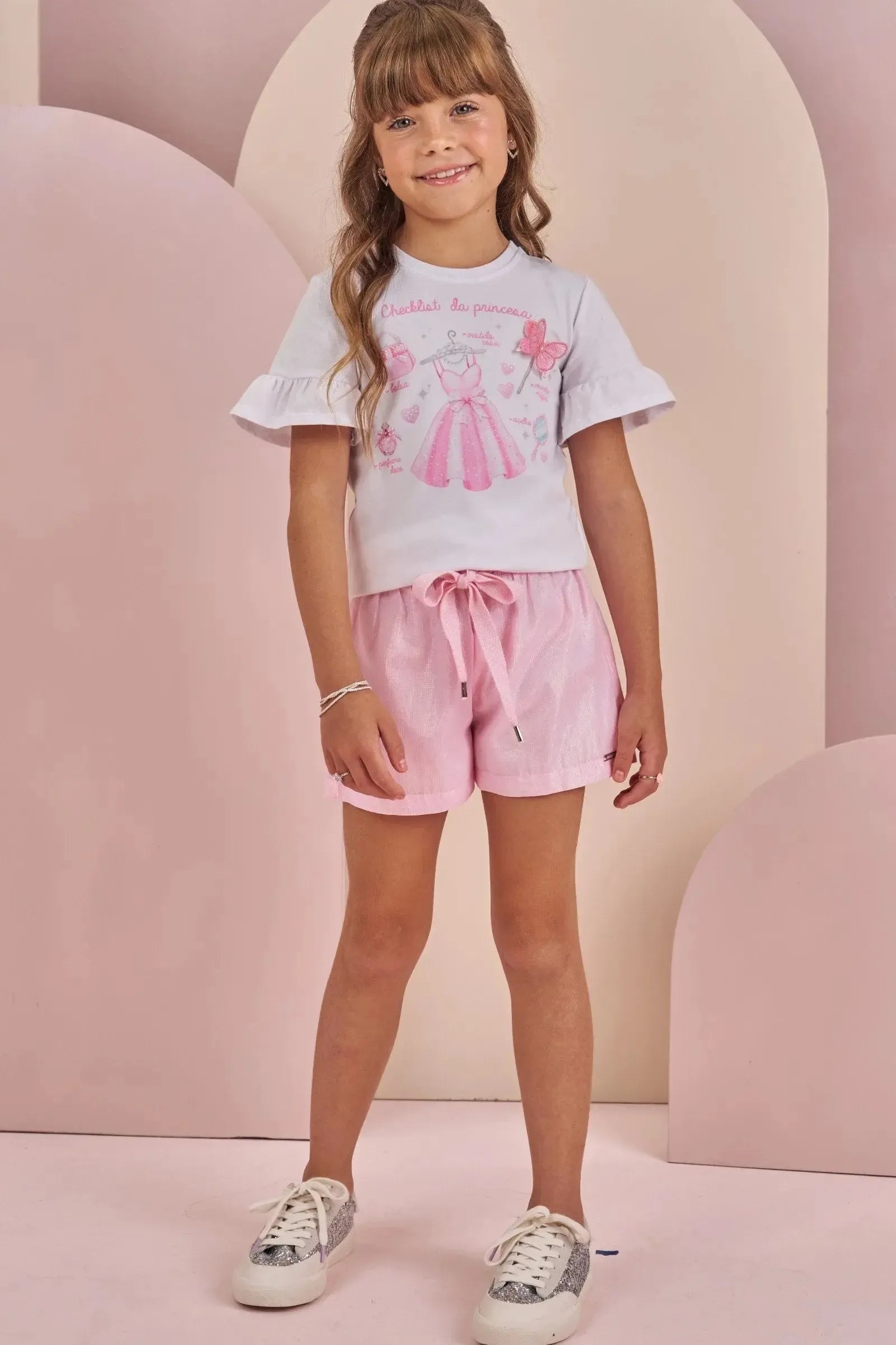 Conjunto de Blusa em Meia Malha e Shorts em Tecido Brilho Holográfico 87414 Infanti Infantil Menina