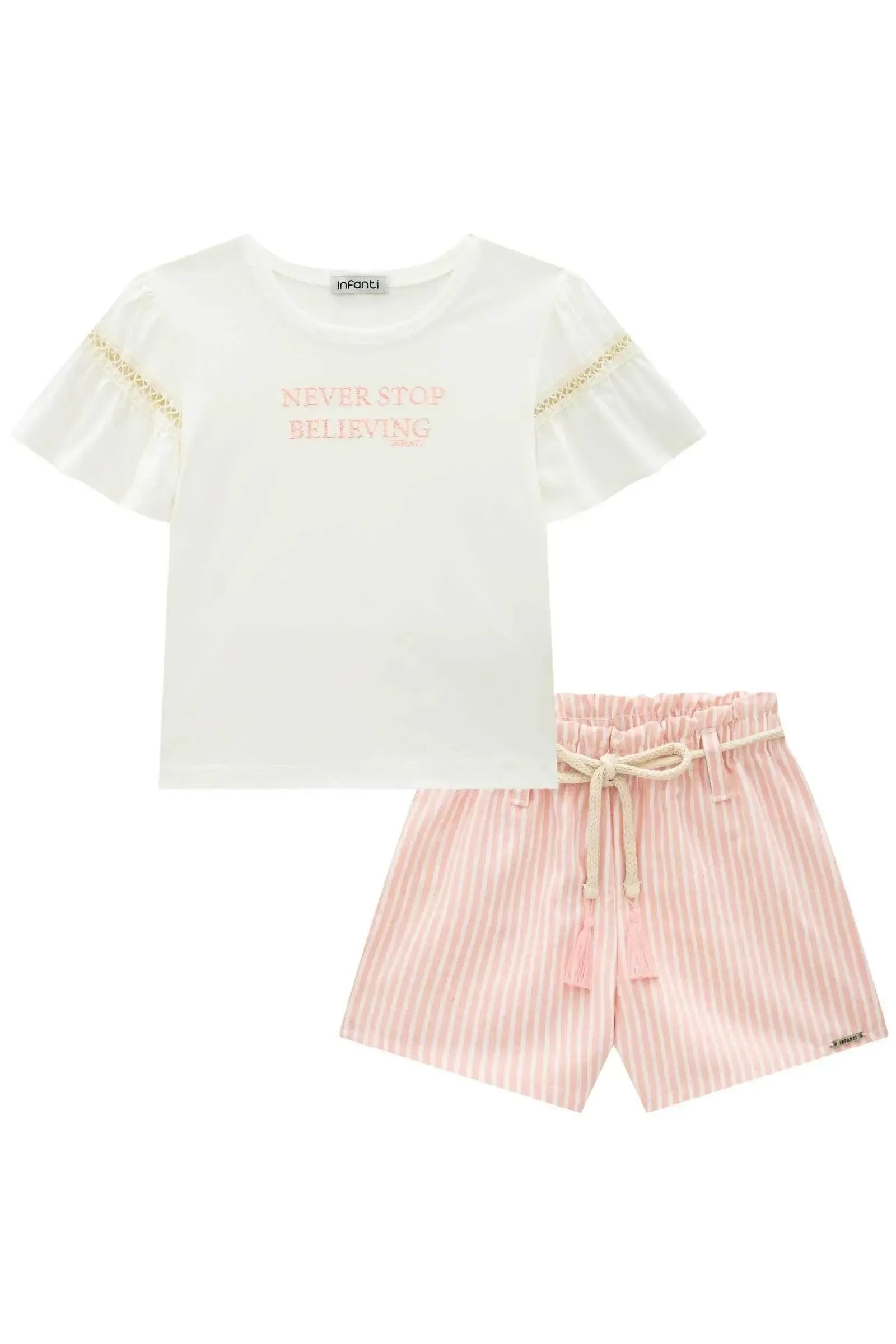 Conjunto de Blusa em Meia Malha e Shorts em Tecido Listrado 88151 Infanti Infantil Menina