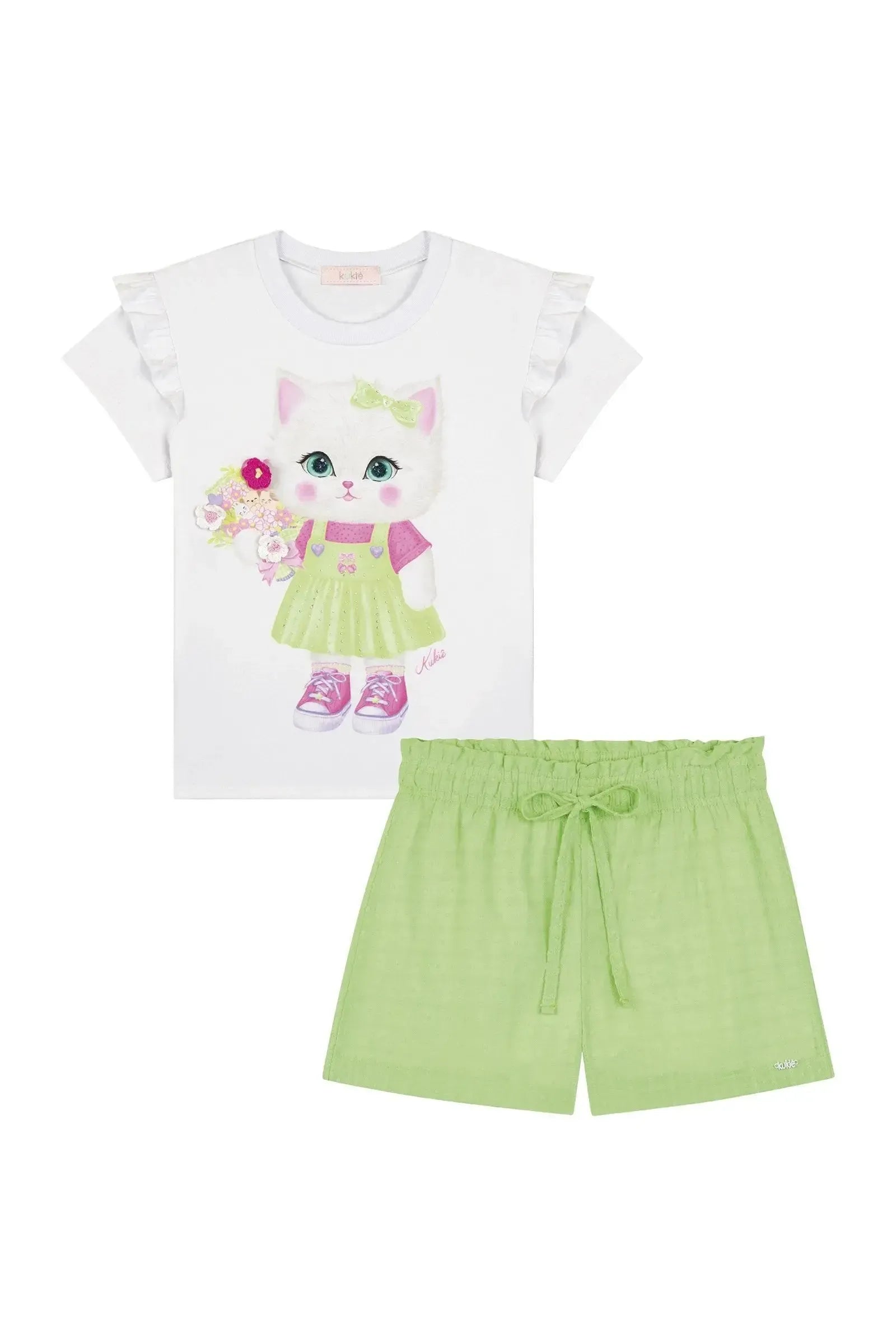 Conjunto de Blusa em Meia Malha e Shorts em Tricoline com Textura 100% Algodão 88178 Kukiê Infantil Menina