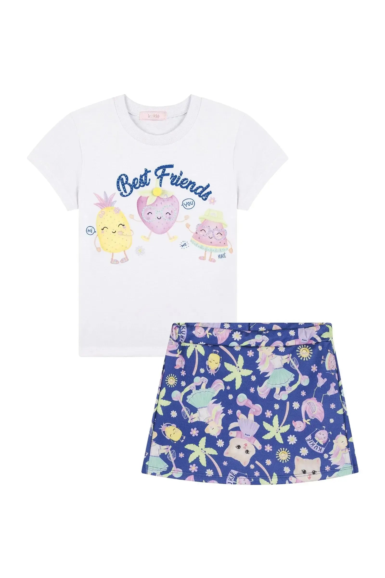 Conjunto de Blusa em Meia Malha e Shorts Saia em Molecotton 88215 Kukiê Infantil Menina