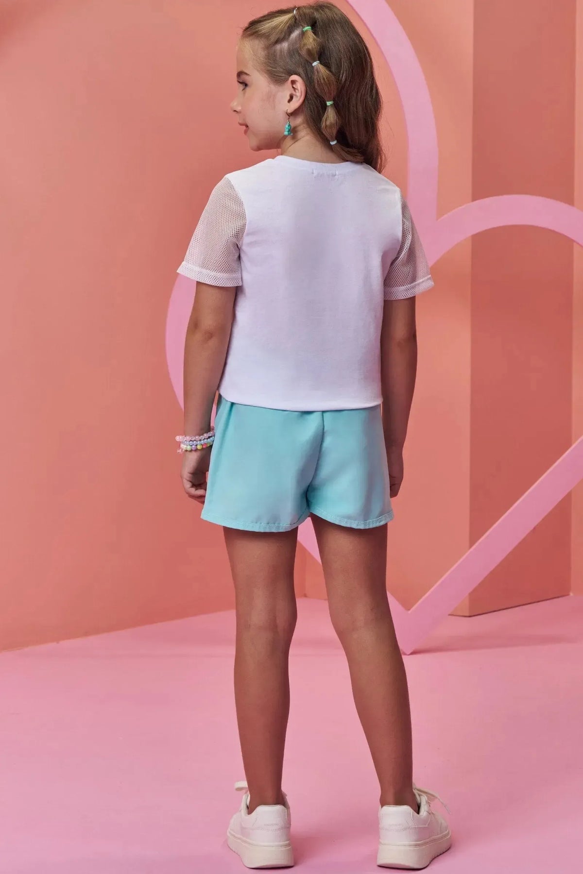 Conjunto de Blusa em Meia Malha e Tela Fashion com Shorts em Nylon Soft 99304 Infanti Infantil Menina