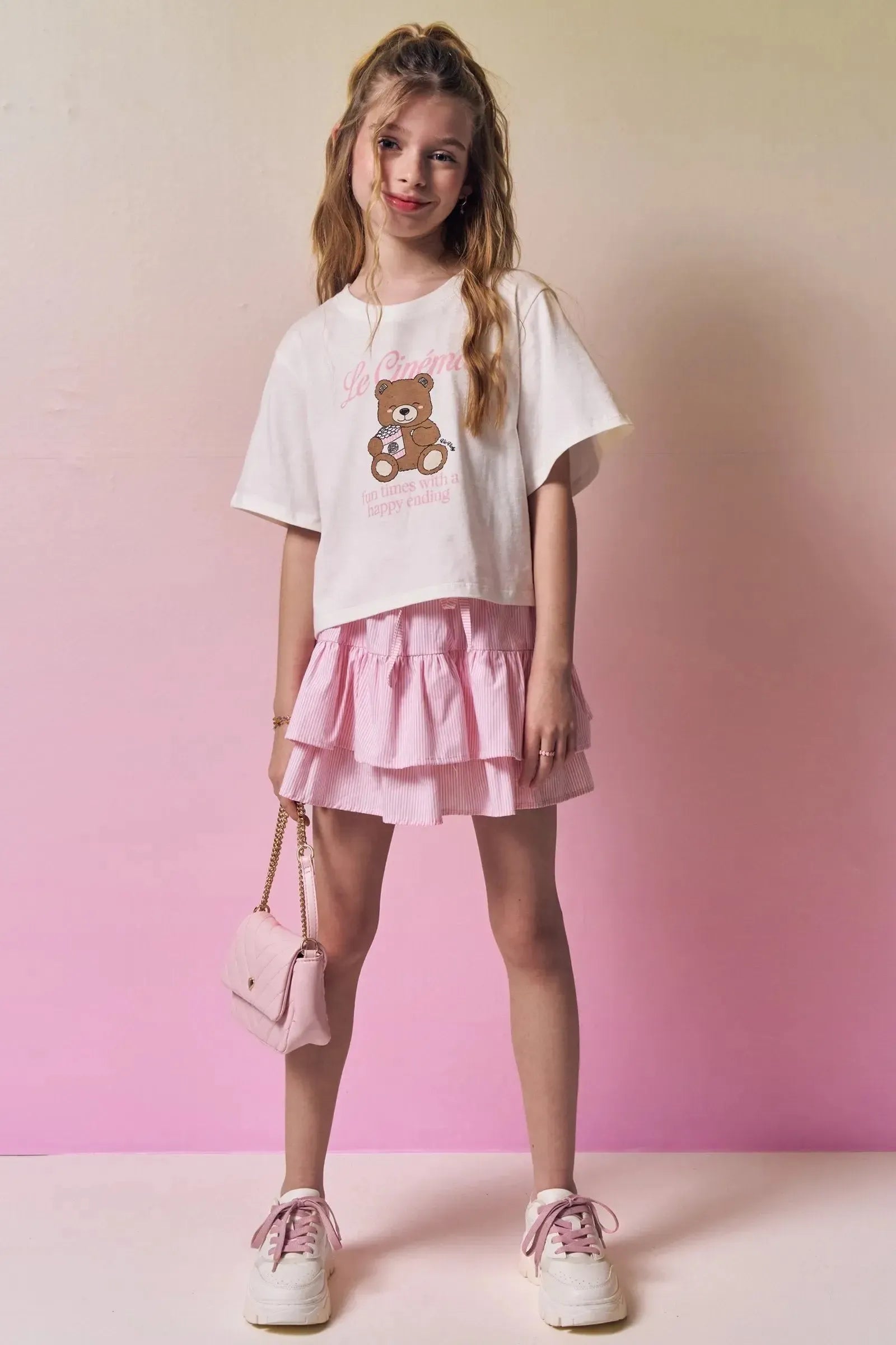 Conjunto de Blusa em Meia Malha Saia em Tricoline com Elastano e Shorts Embutido 96868 Vic&Vicky Teen Menina
