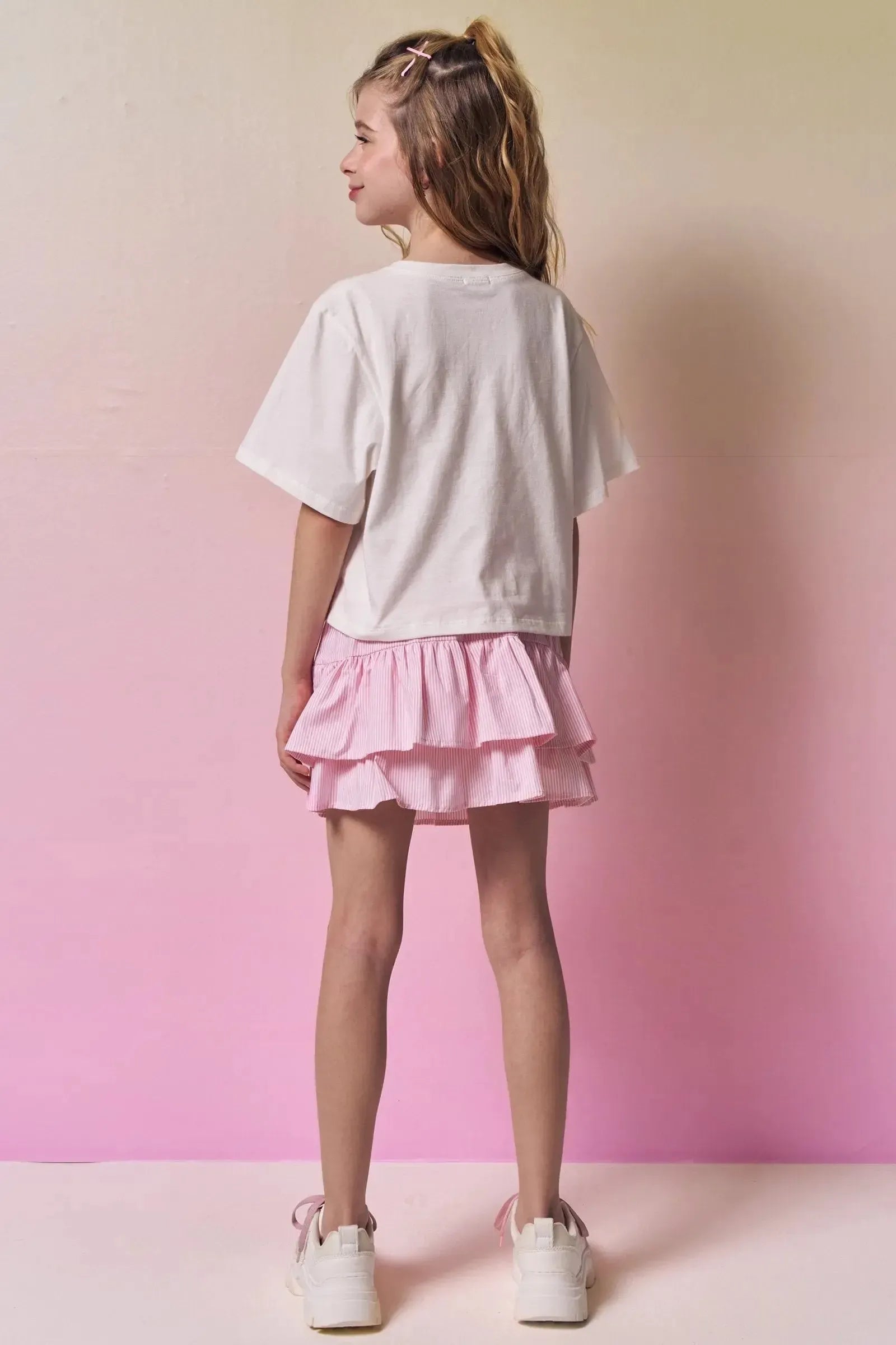 Conjunto de Blusa em Meia Malha Saia em Tricoline com Elastano e Shorts Embutido 96868 Vic&Vicky Teen Menina