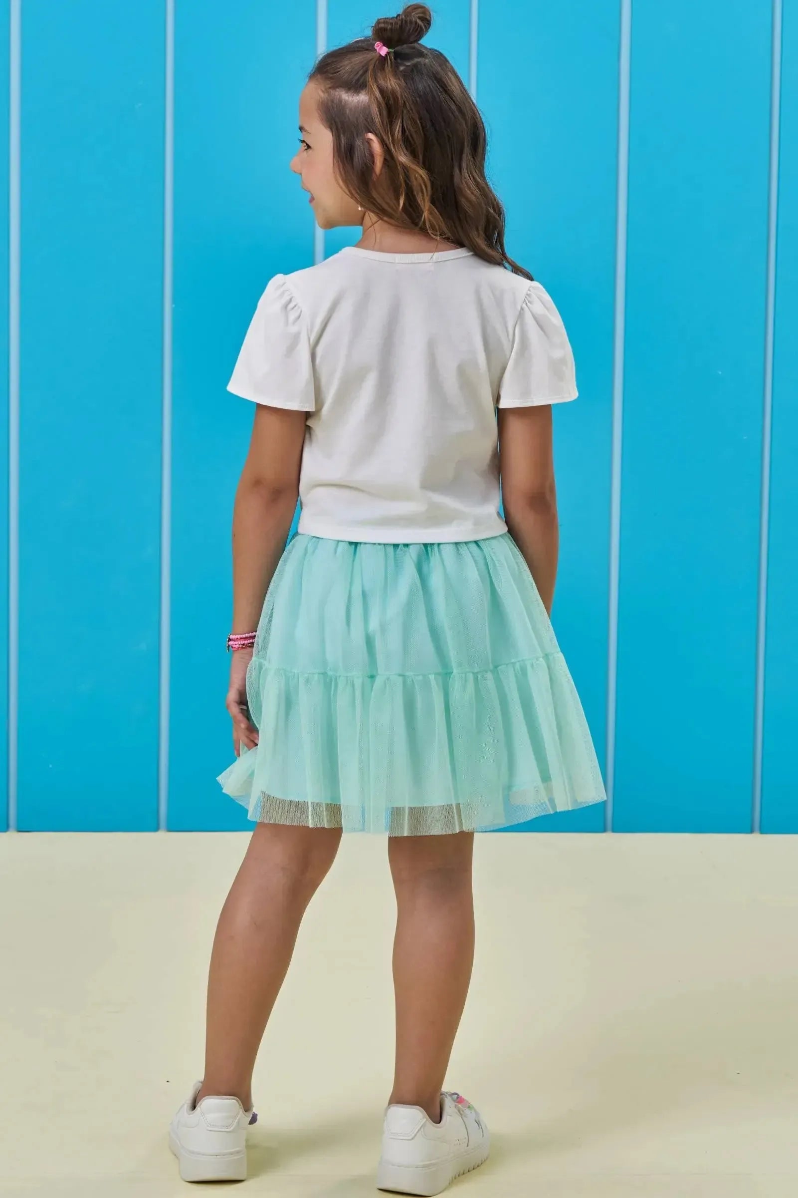 Conjunto de Blusa em Mela Malha e Saia em Tule com Elastano com Shorts Embutido 93633 Kukiê Infantil Menina