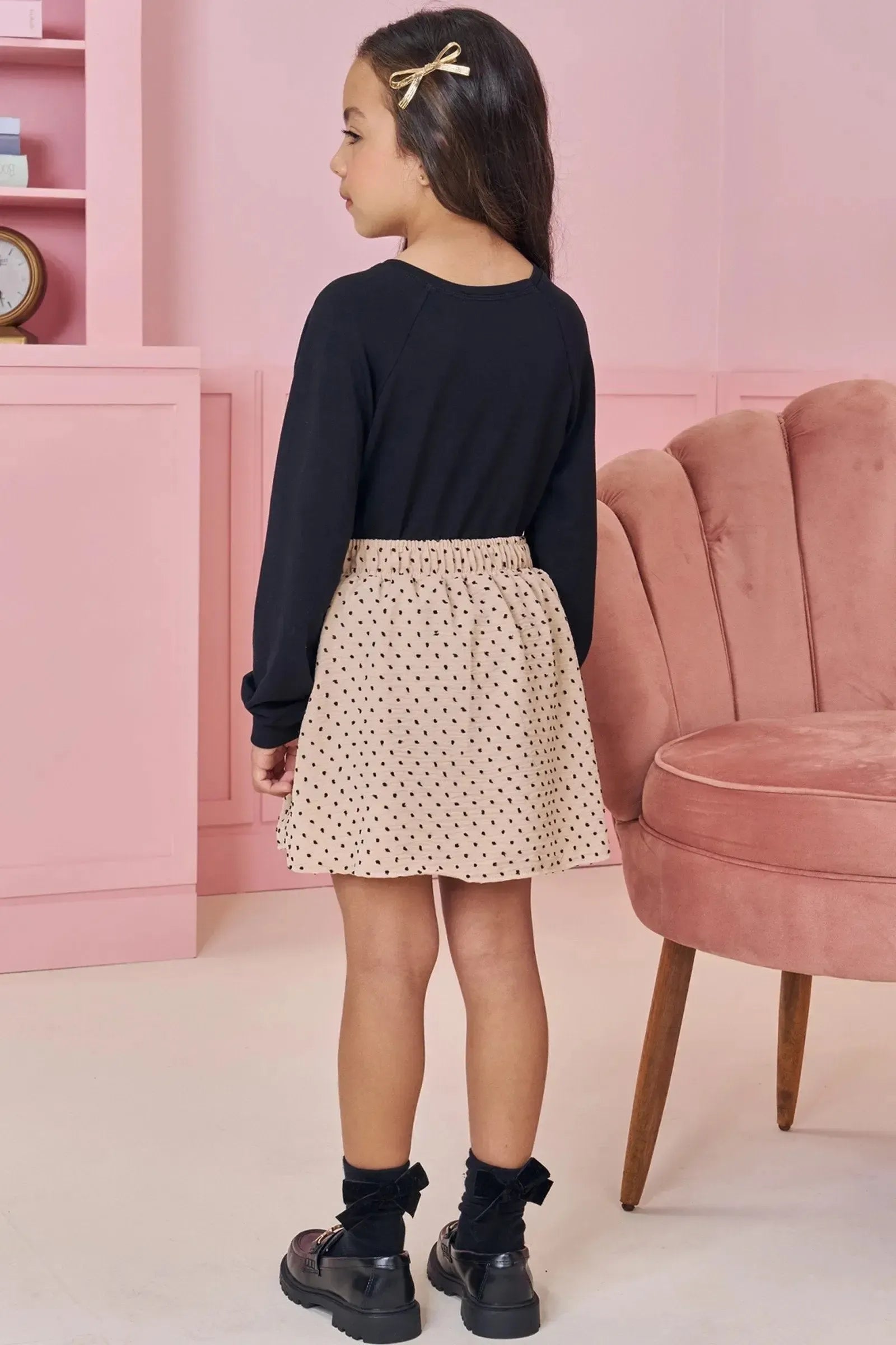 Conjunto de Blusa em Molevisco e Saia em Crepe Textura Poá (com Shorts Embutido) 91817 Kukiê Infantil Menina