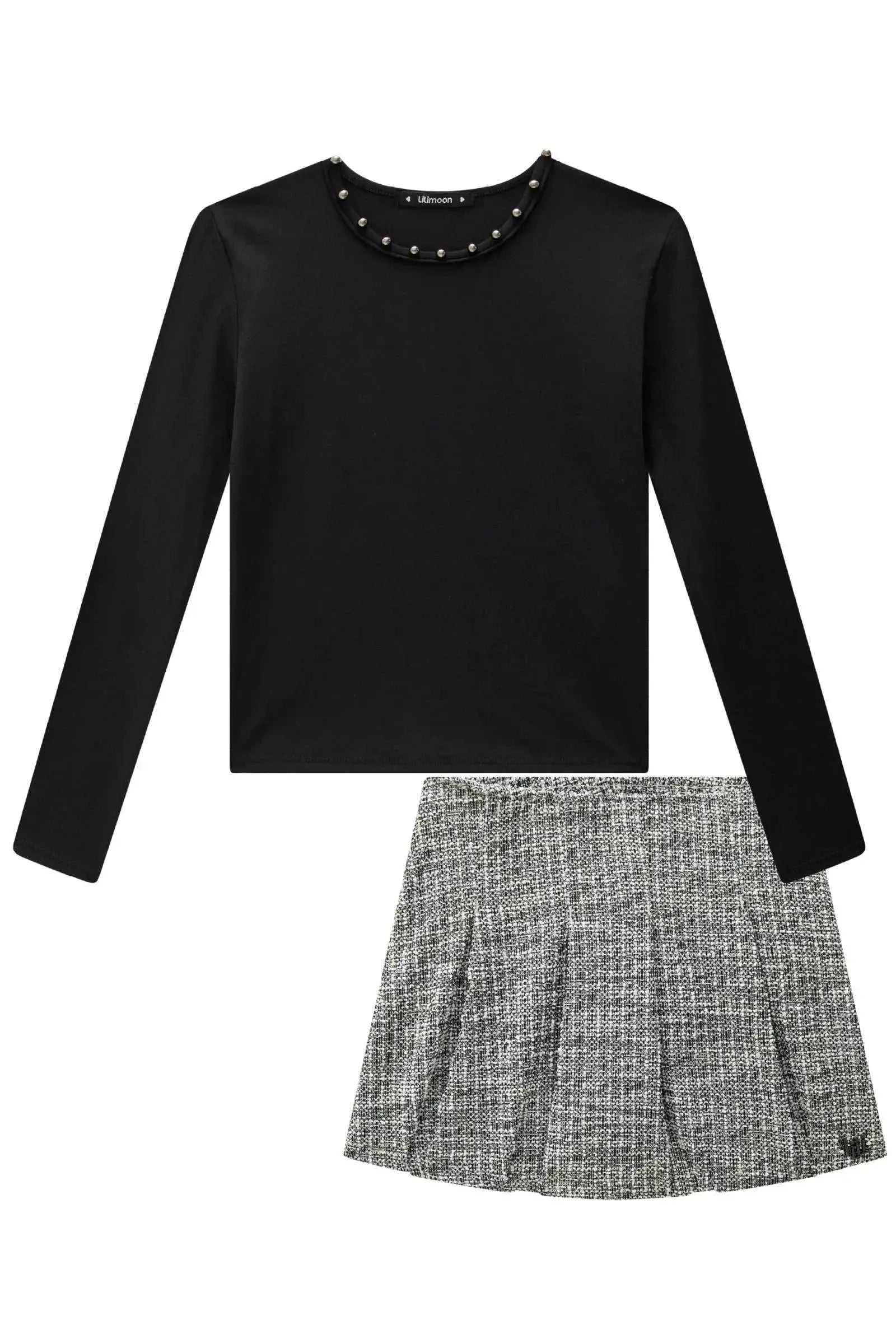 Conjunto de Blusa em Poliamida e Short Saia em Tweed London 90732 Lilimoon Teen Menina