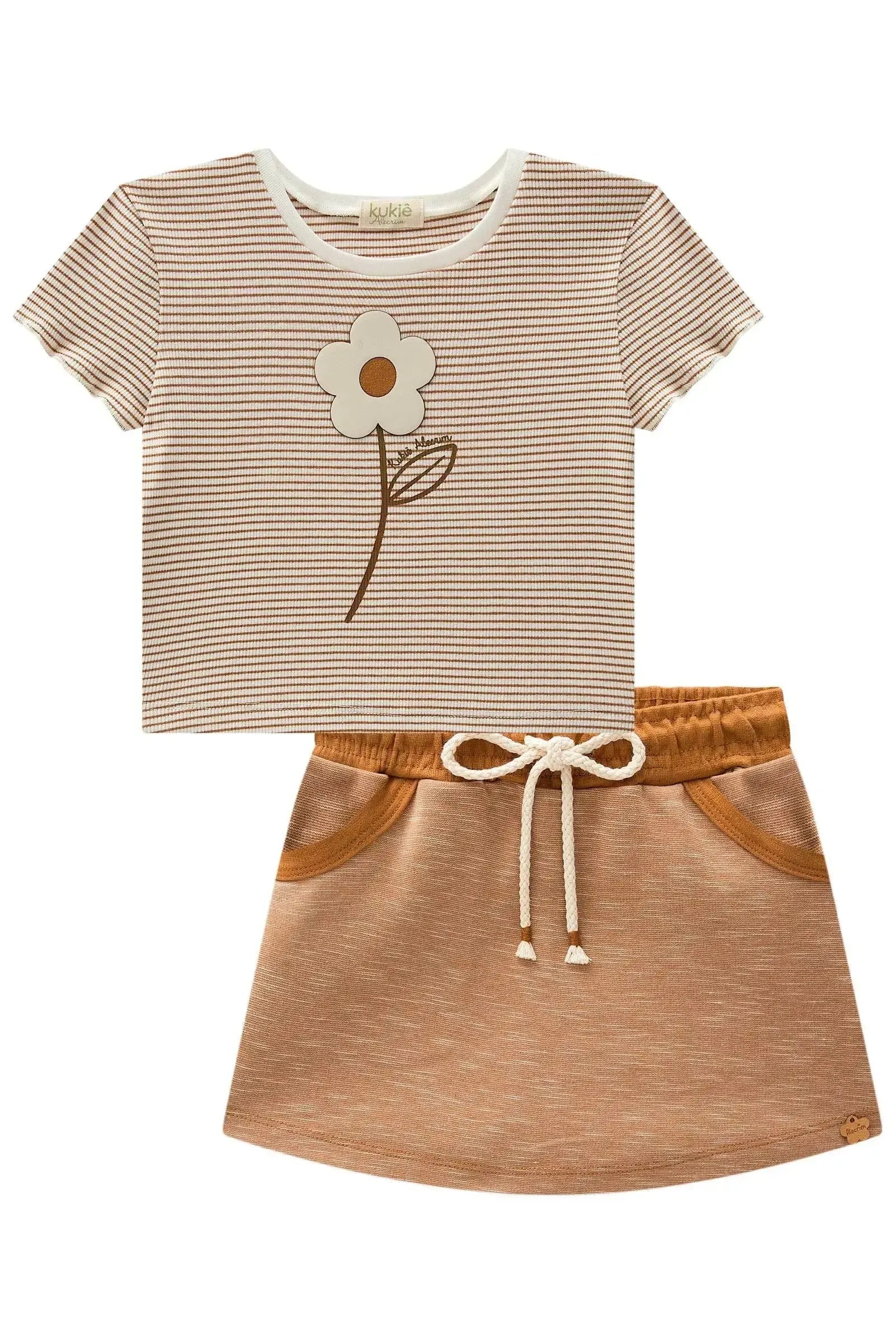 Conjunto de Blusa em Ribana Listrada e Short Saia em Malha Mesclada Bicolor 98731 Kukiê Infantil Menina