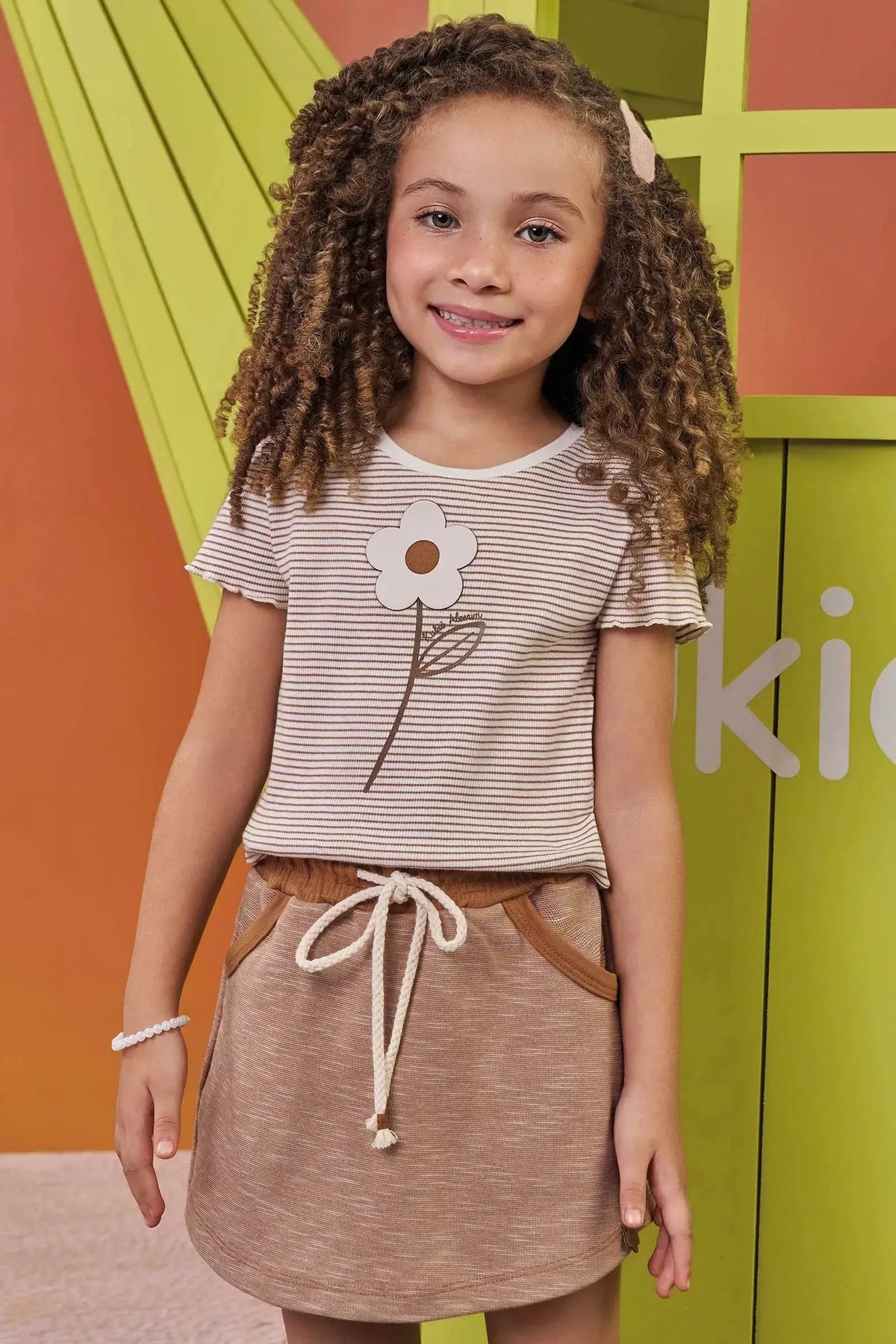 Conjunto de Blusa em Ribana Listrada e Short Saia em Malha Mesclada Bicolor 98731 Kukiê Infantil Menina