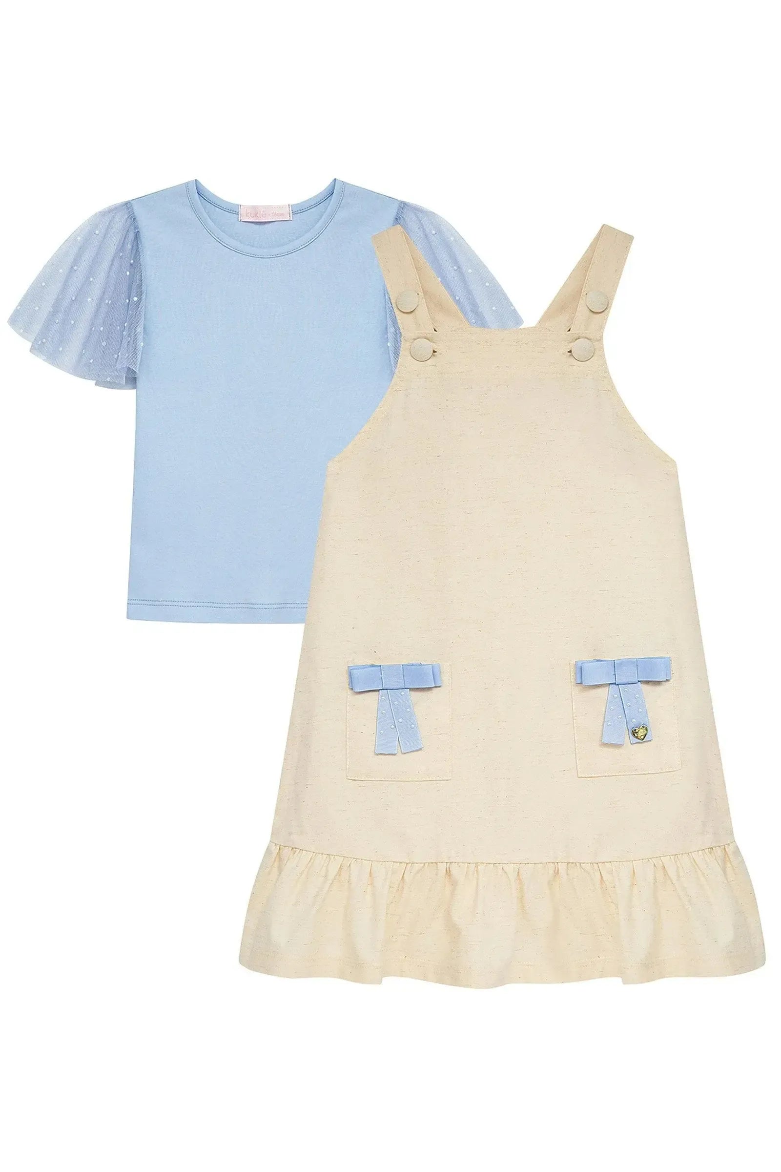 Conjunto de Blusa em Suedine e Tule com Elastano e Salopete em Linho Santori com Elastano. 96878 Kukiê Infantil Menina