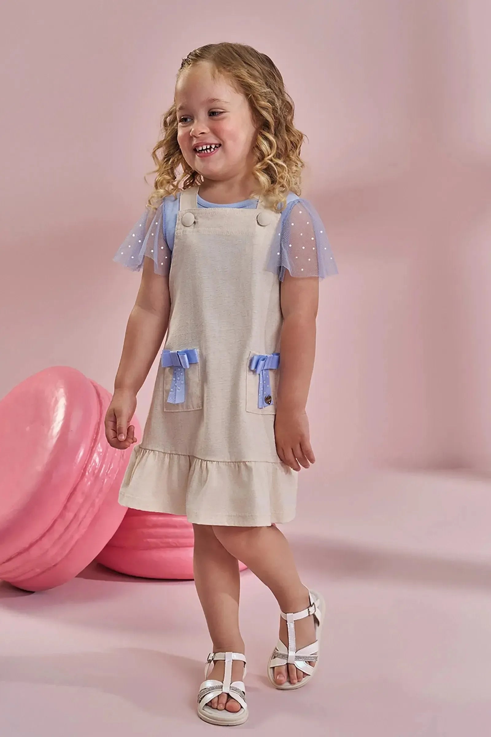 Conjunto de Blusa em Suedine e Tule com Elastano e Salopete em Linho Santori com Elastano. 96878 Kukiê Infantil Menina
