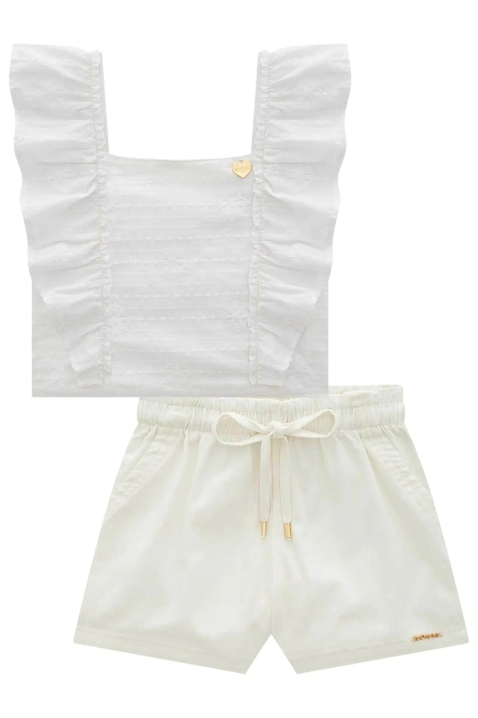 Conjunto de Blusa em Tricoline Bordada e Shorts em Sarja com Elastano 98677 Infanti Infantil Menina