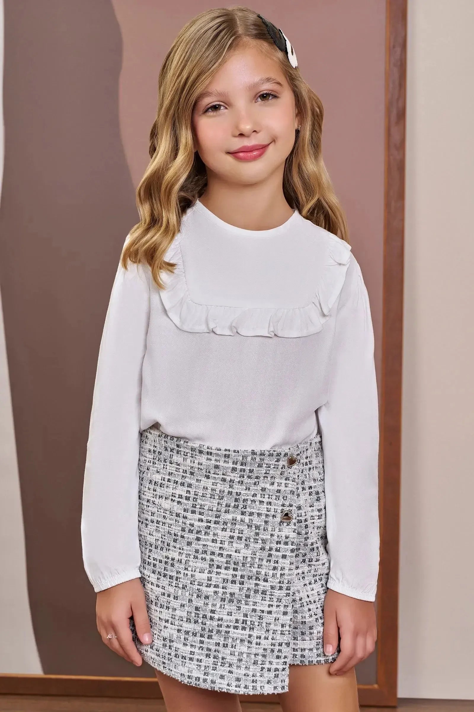 Conjunto de Blusa em Viscose Sarjada e Short Saia em Malha Tweed 90748 Infanti Infantil Menina