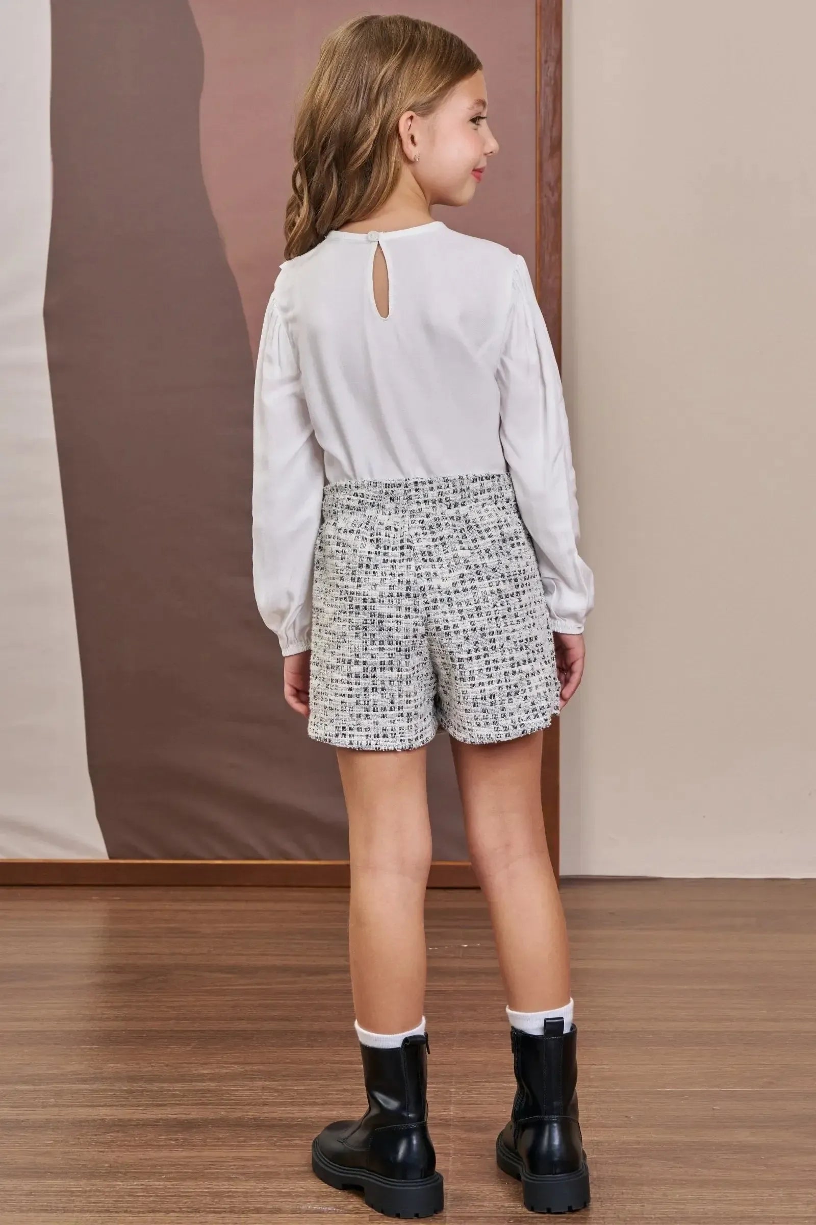 Conjunto de Blusa em Viscose Sarjada e Short Saia em Malha Tweed 90748 Infanti Infantil Menina