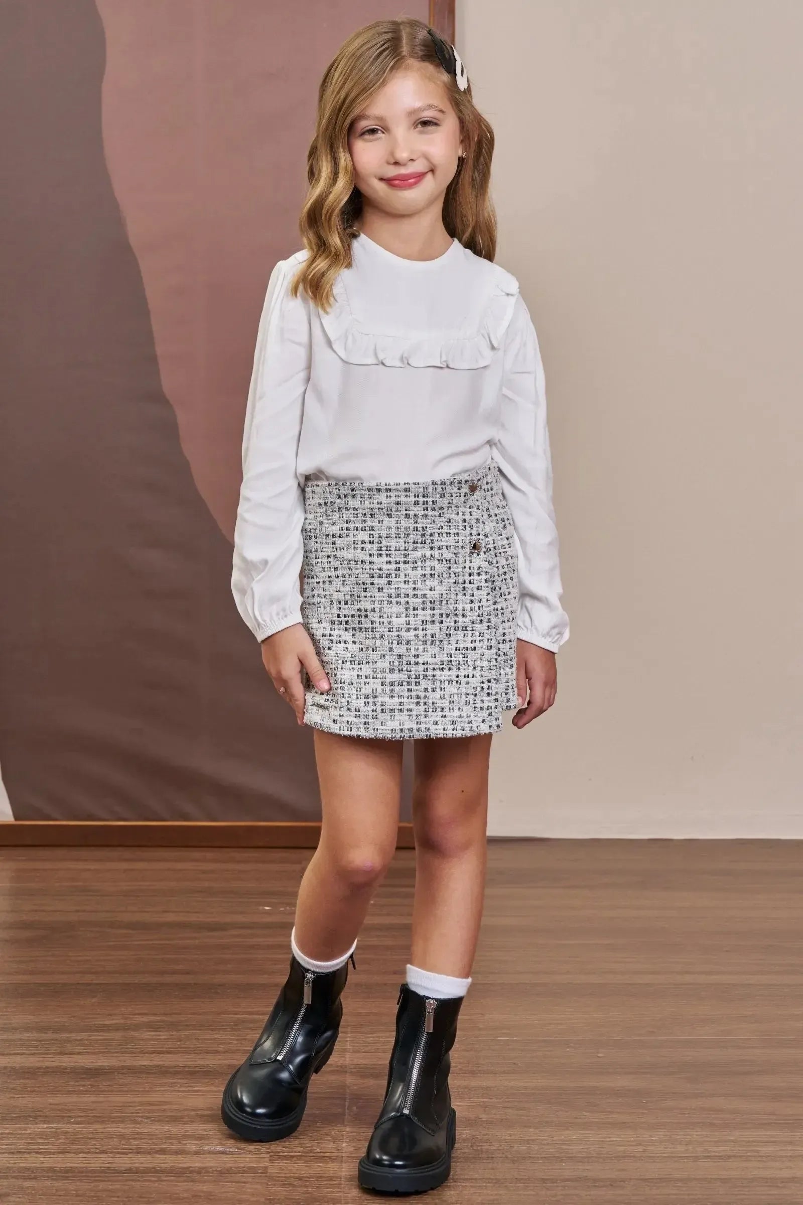 Conjunto de Blusa em Viscose Sarjada e Short Saia em Malha Tweed 90748 Infanti Infantil Menina