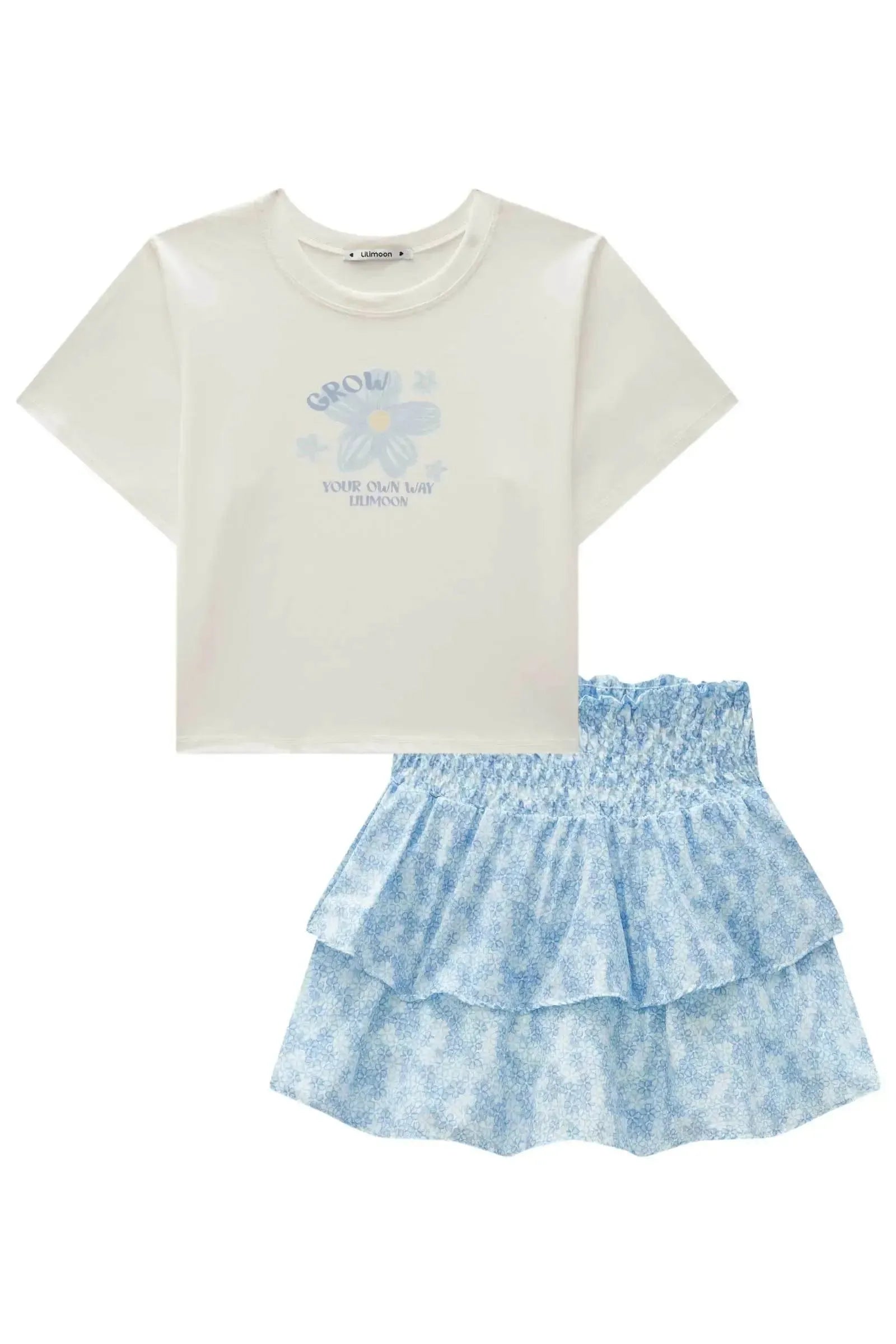 Conjunto de Blusa Over em Meia Malha e Saia em Tecido Light Peach com Shorts Embutido 84404 Lilimoon Teen Menina