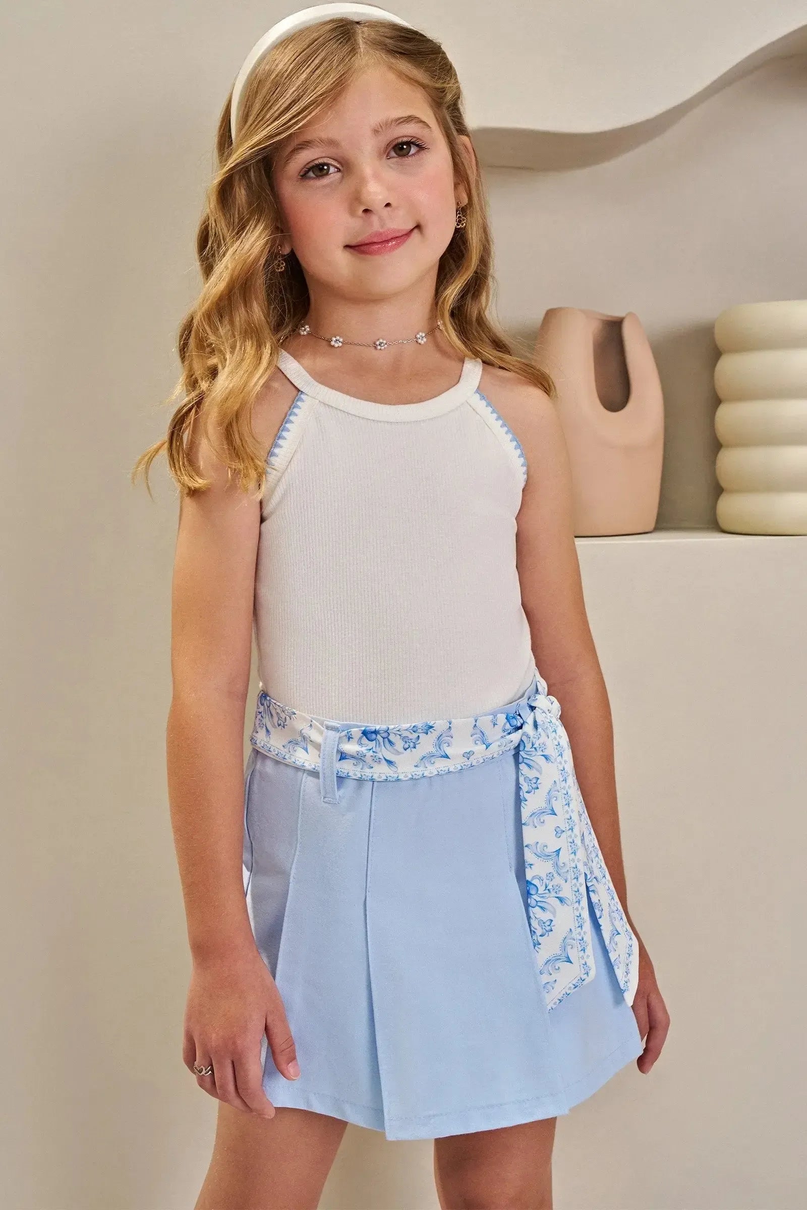 Conjunto de Blusa Regata em Canelado e Short Saia em Sarja com Elastano 84861 Infanti Infantil Menina