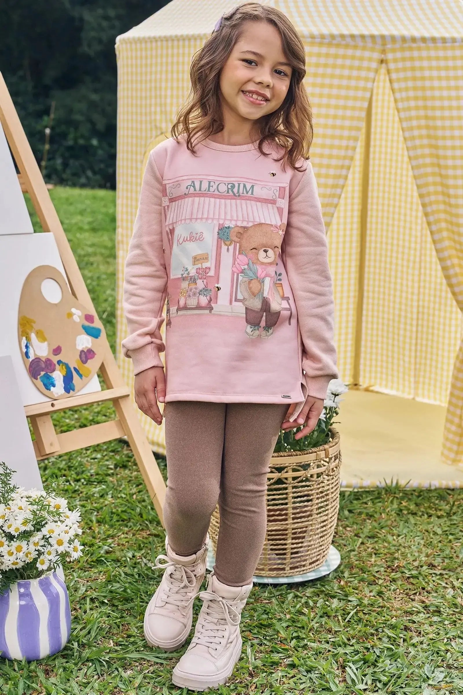 Conjunto de Blusão Alongado em Moletom com Pelúcia e Calça Legging em Canelado Comfy 89561 Kukiê Infantil Menina