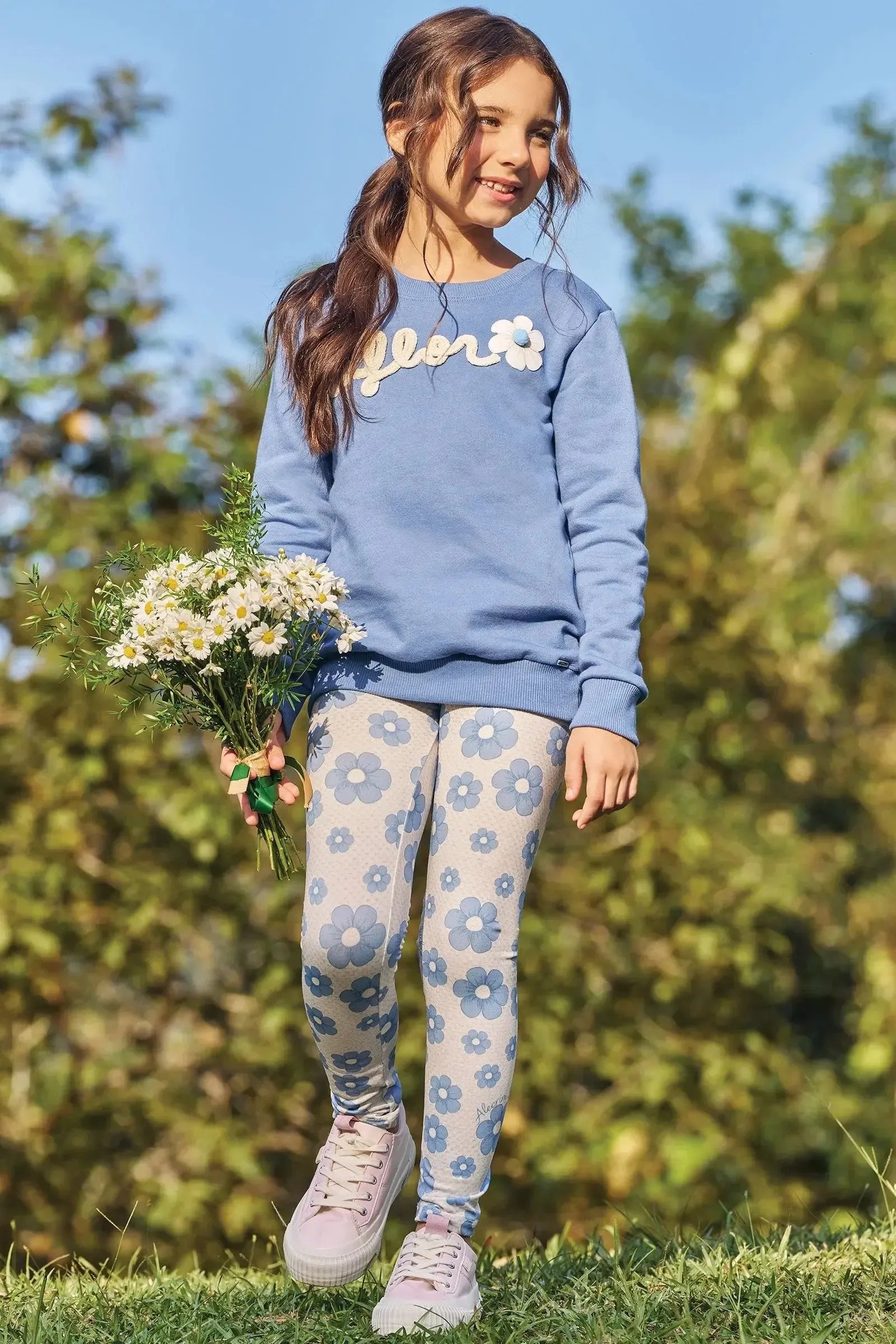 Conjunto de Blusão Alongado em Moletom com Pelúcia e Calça Legging em Termoskin Peluciado 89557 Kukiê Infantil Menina