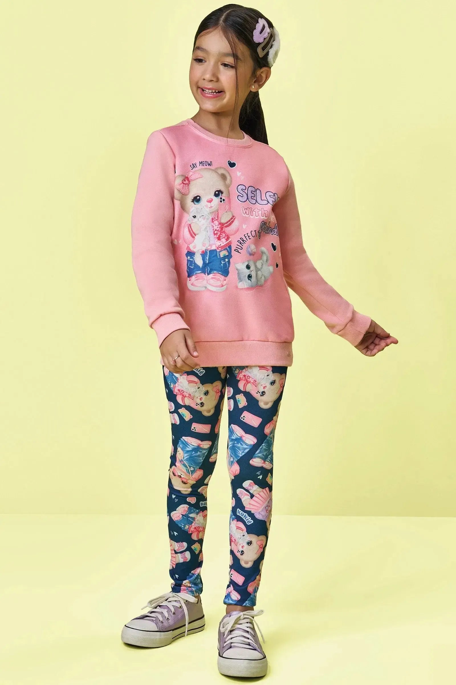 Conjunto de Blusão Alongado em Moletom com Pelúcia e Legging em Termoskin Peluciado 90296 Kukiê Infantil Menina