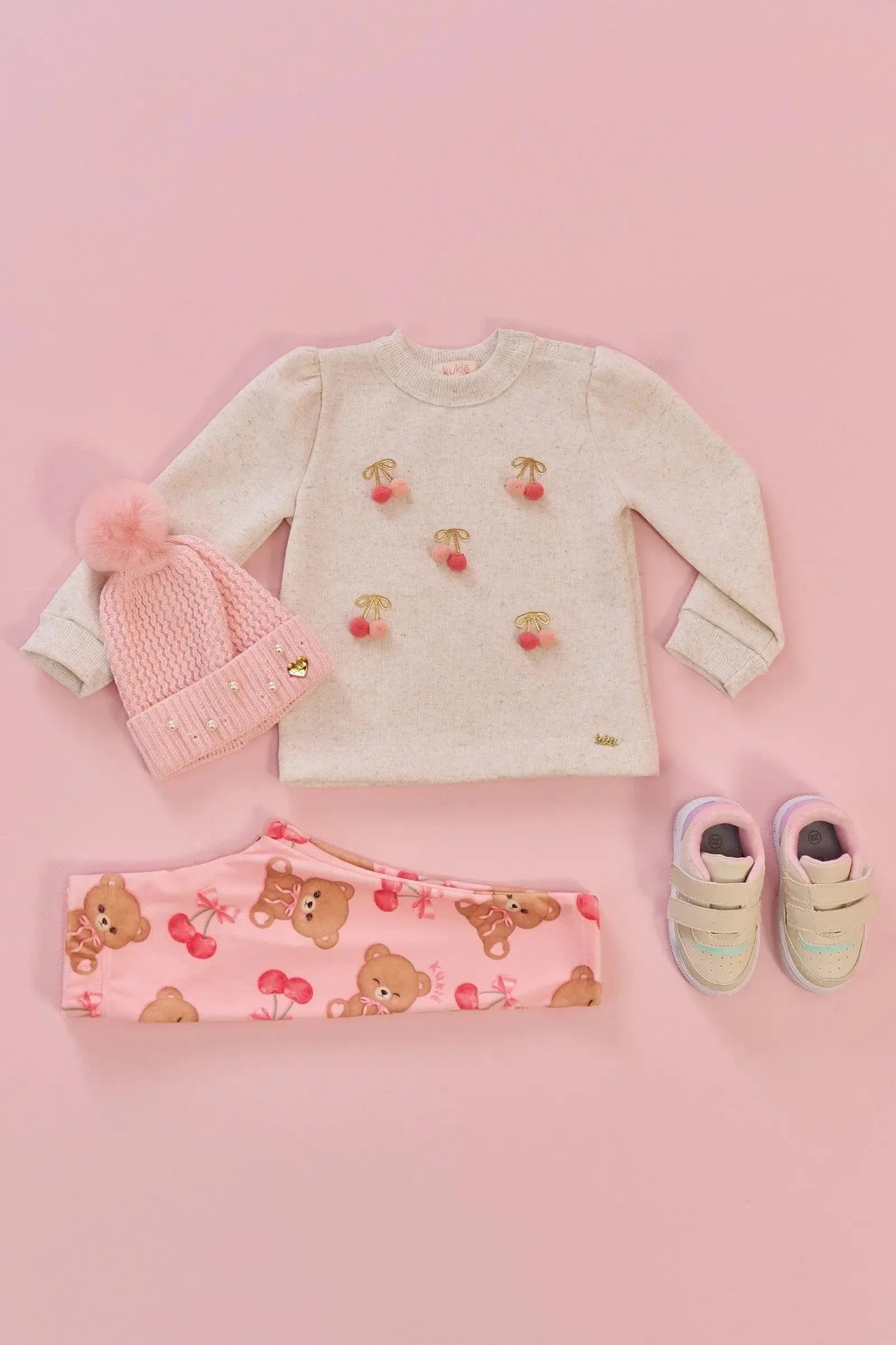 Conjunto de Blusão Alongado em Moletom Linho com Pelúcia e Calça Legging em Fleece Luxo 90601 Kukiê Bebê Menina