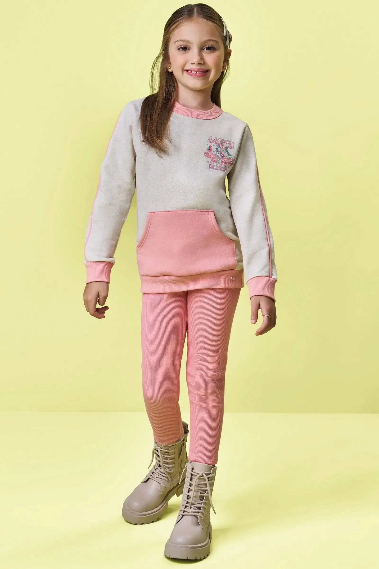 Conjunto de Blusão Alongado em Moletom Linho S/ Pelúcia e Calça Legging em Soft Line 90654 Kukiê Infantil Menina