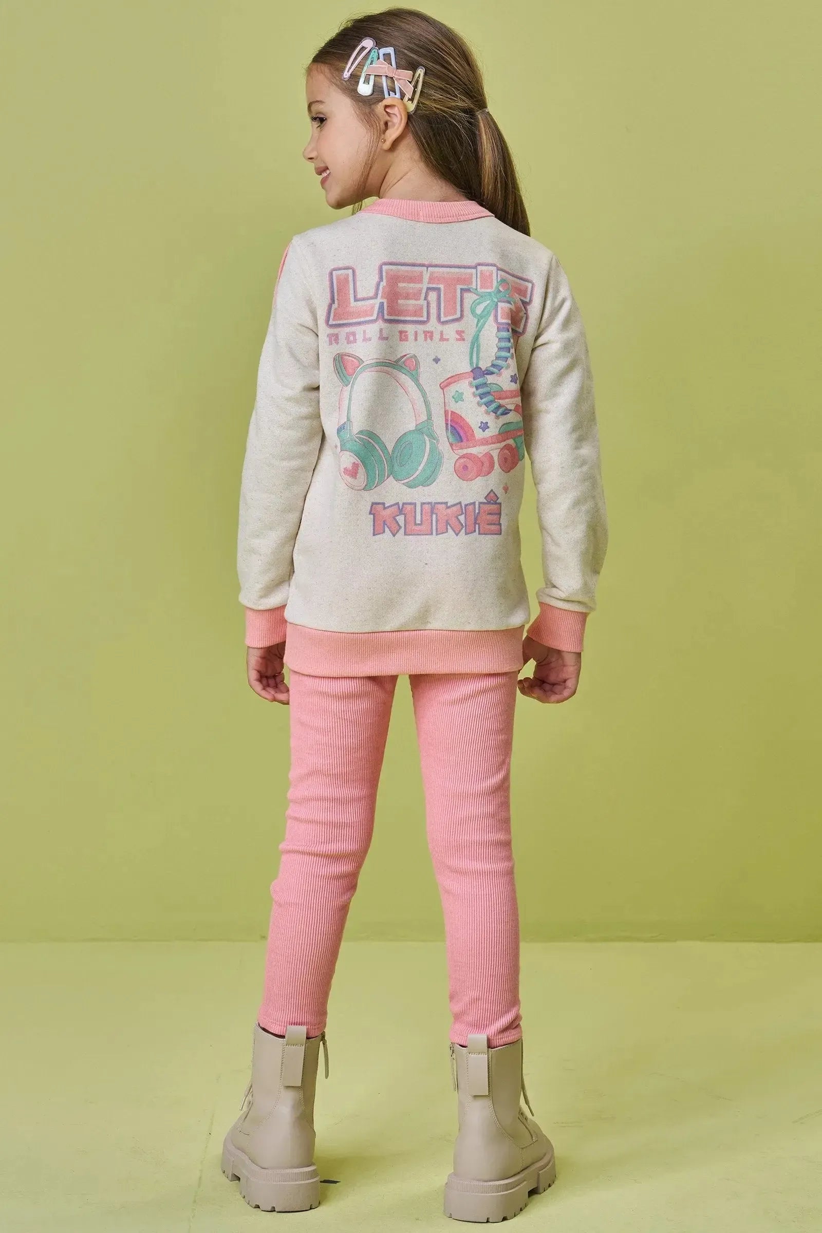 Conjunto de Blusão Alongado em Moletom Linho S/ Pelúcia e Calça Legging em Soft Line 90654 Kukiê Infantil Menina