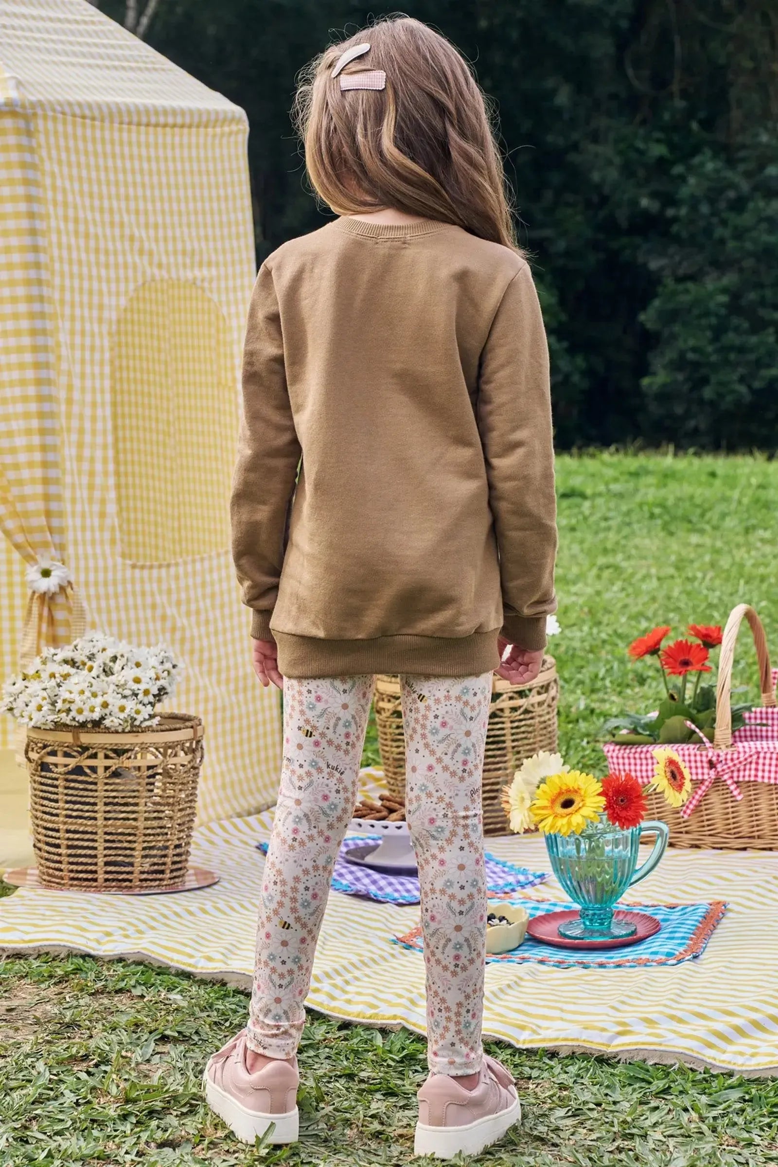 Conjunto de Blusão Alongado em Moletom sem Pelúcia e Calça Legging em Molecotton 89897 Kukiê Infantil Menina