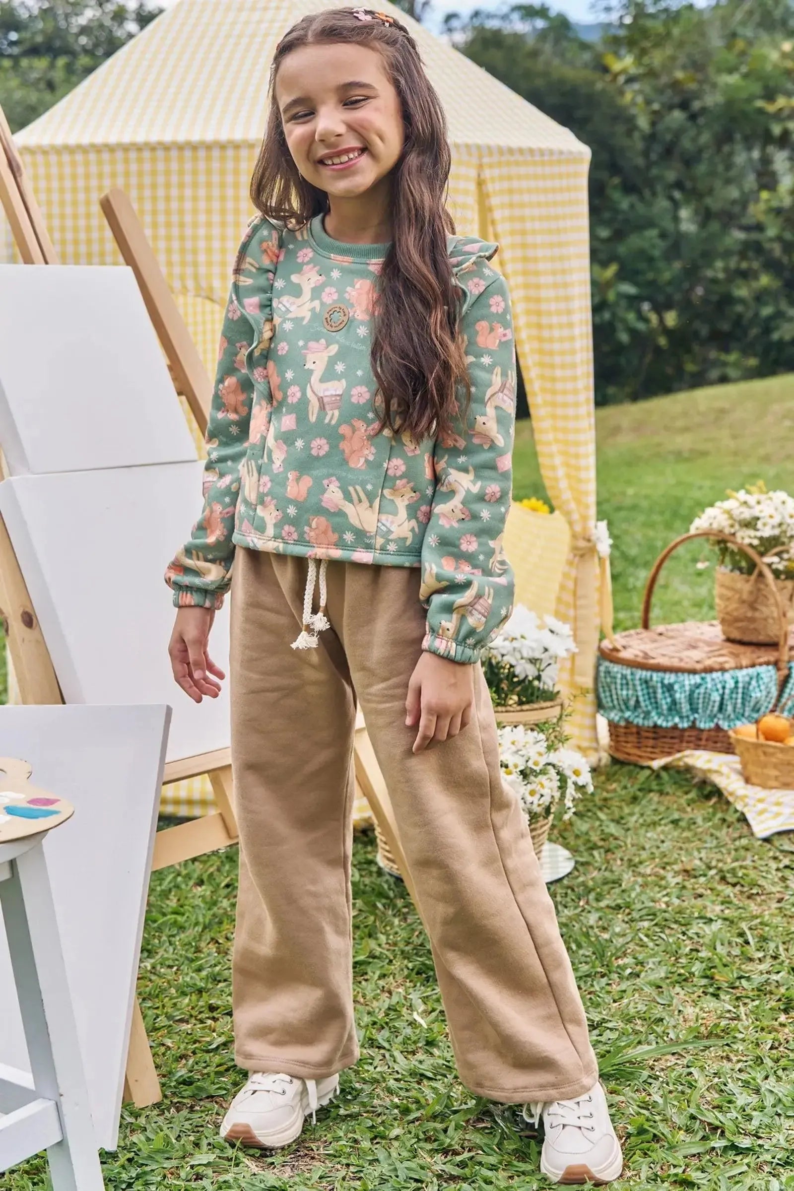 Conjunto de Blusão Boxy e Calça Wide Leg em Moletom com Pelúcia 89907 Kukiê Infantil Menina