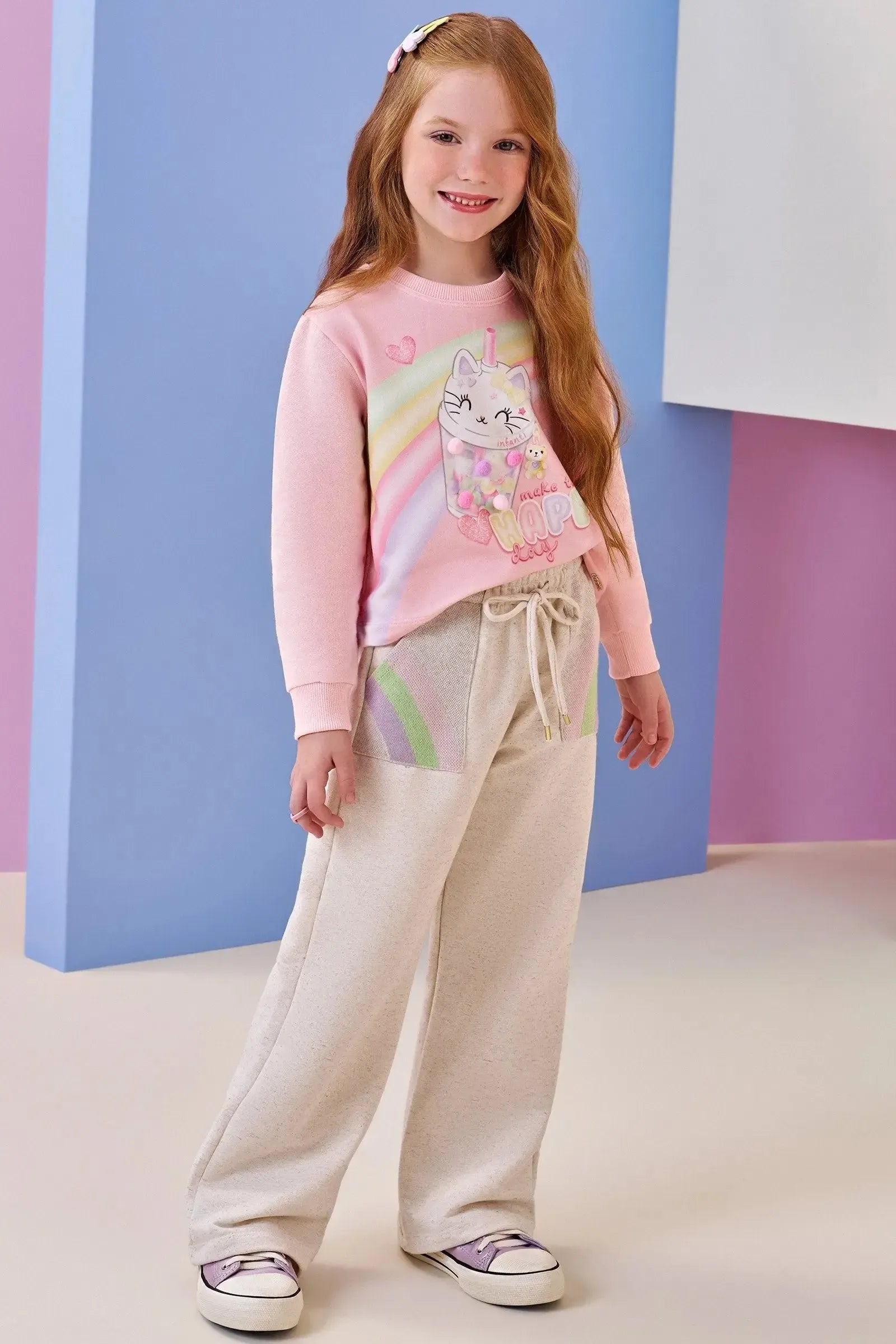 Conjunto de Blusão Boxy e Calça Wide Leg em Moletom sem Pelúcia 92618 Infanti Infantil Menina